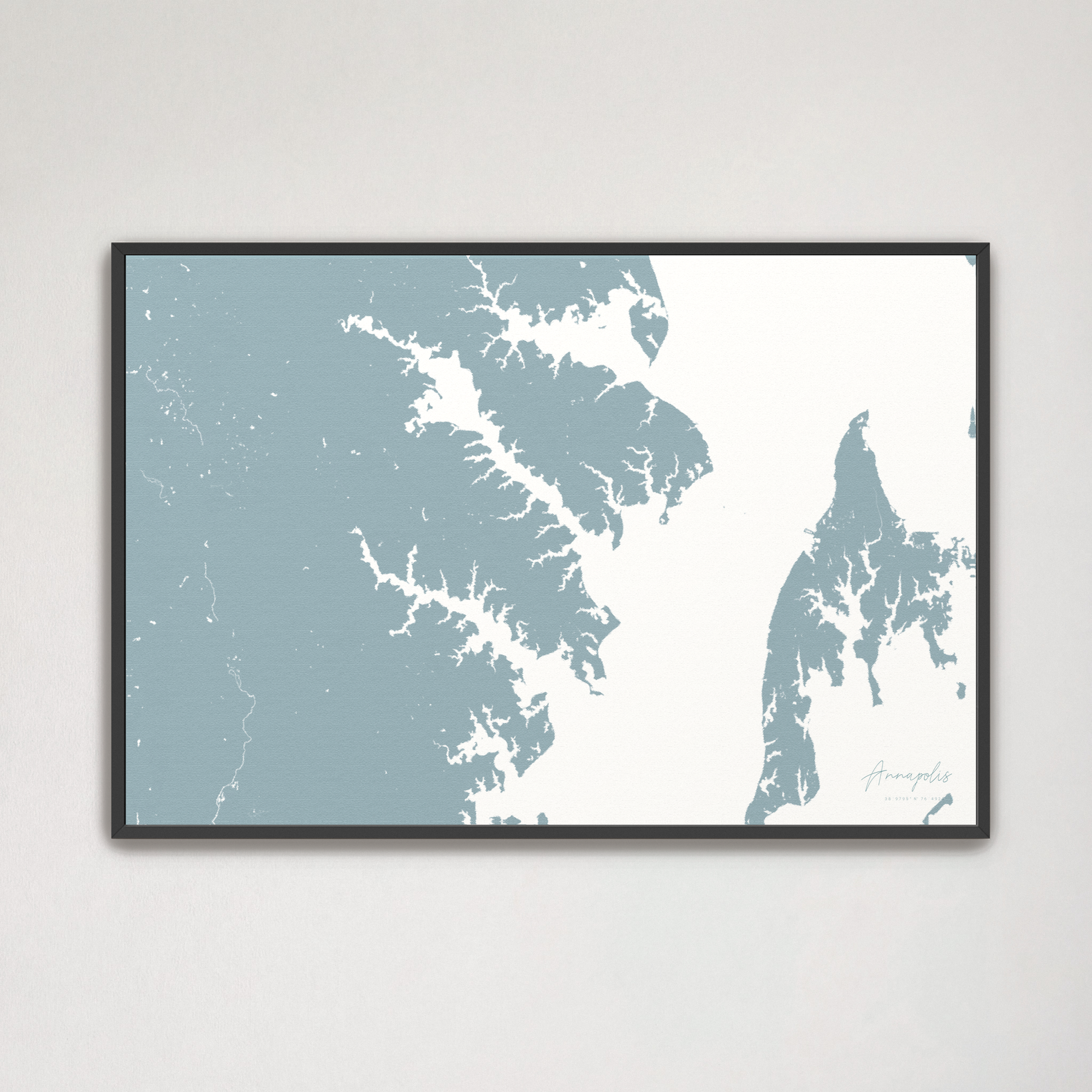 Annapolis Coastal Map — Canvas Horizontal, soft-blue, Black Frame