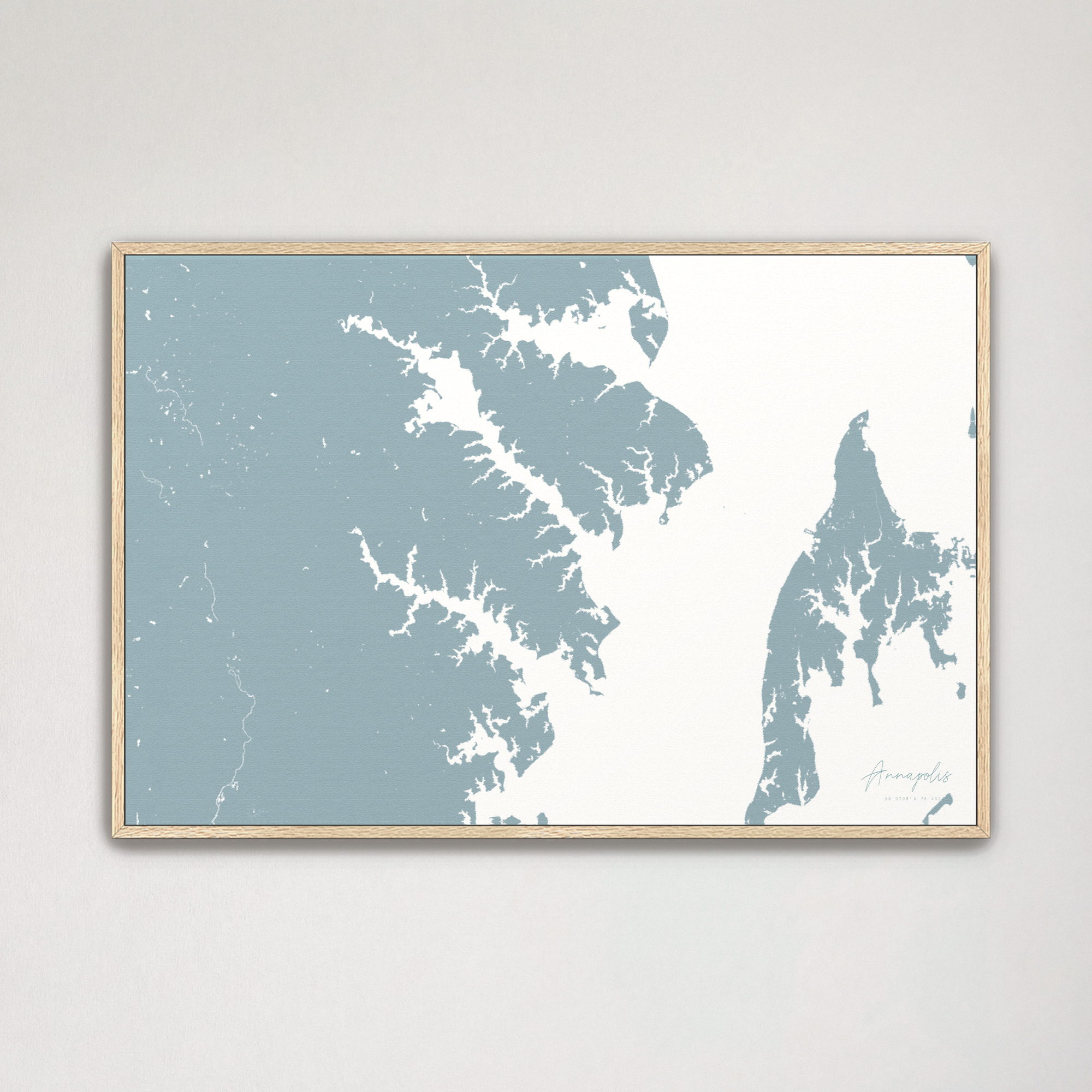 Annapolis Coastal Map — Canvas Horizontal, soft-blue, Natural Oak