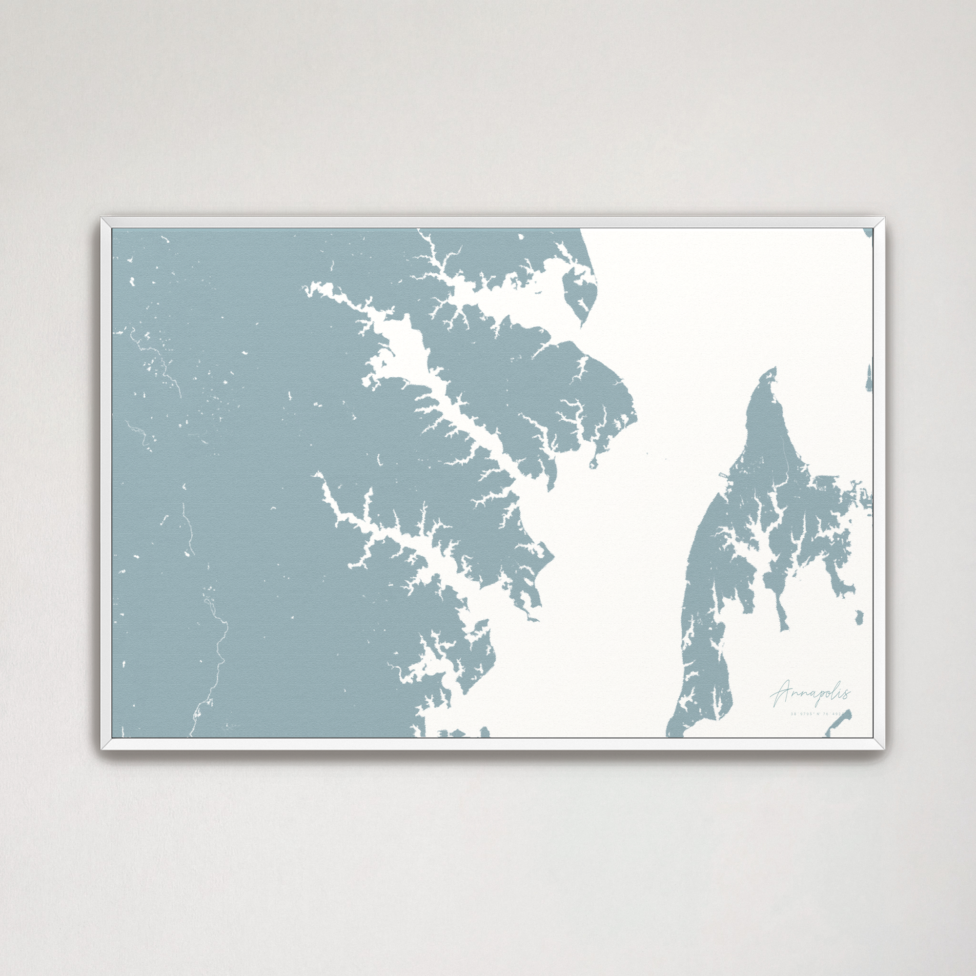 Annapolis Coastal Map — Canvas Horizontal, soft-blue, White Frame