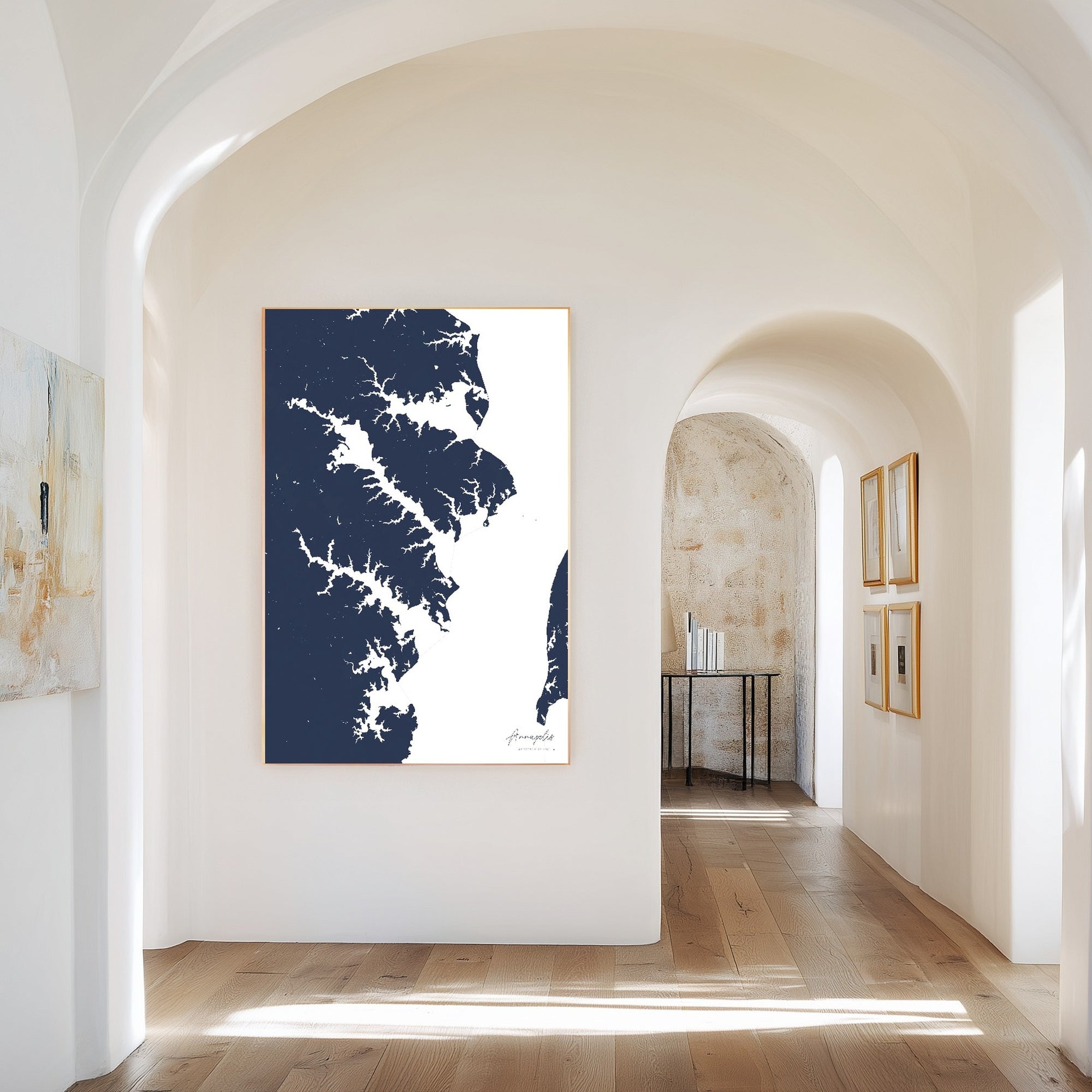 Annapolis navy vertical canvas map in the Bello mixed room scene