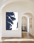 Annapolis navy vertical canvas map in the Bello mixed room scene