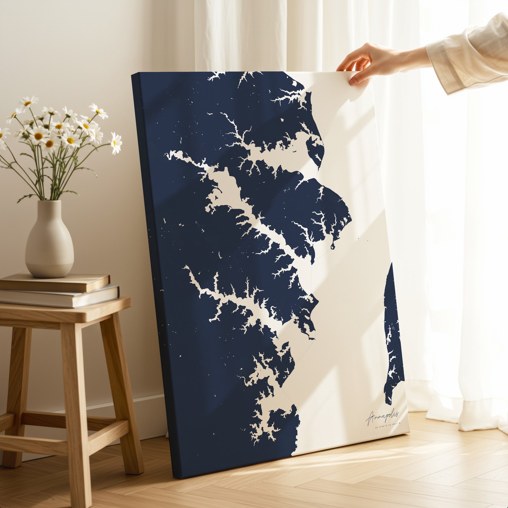 Annapolis navy vertical wrapped canvas map in the ratio 2:3 hand mockup