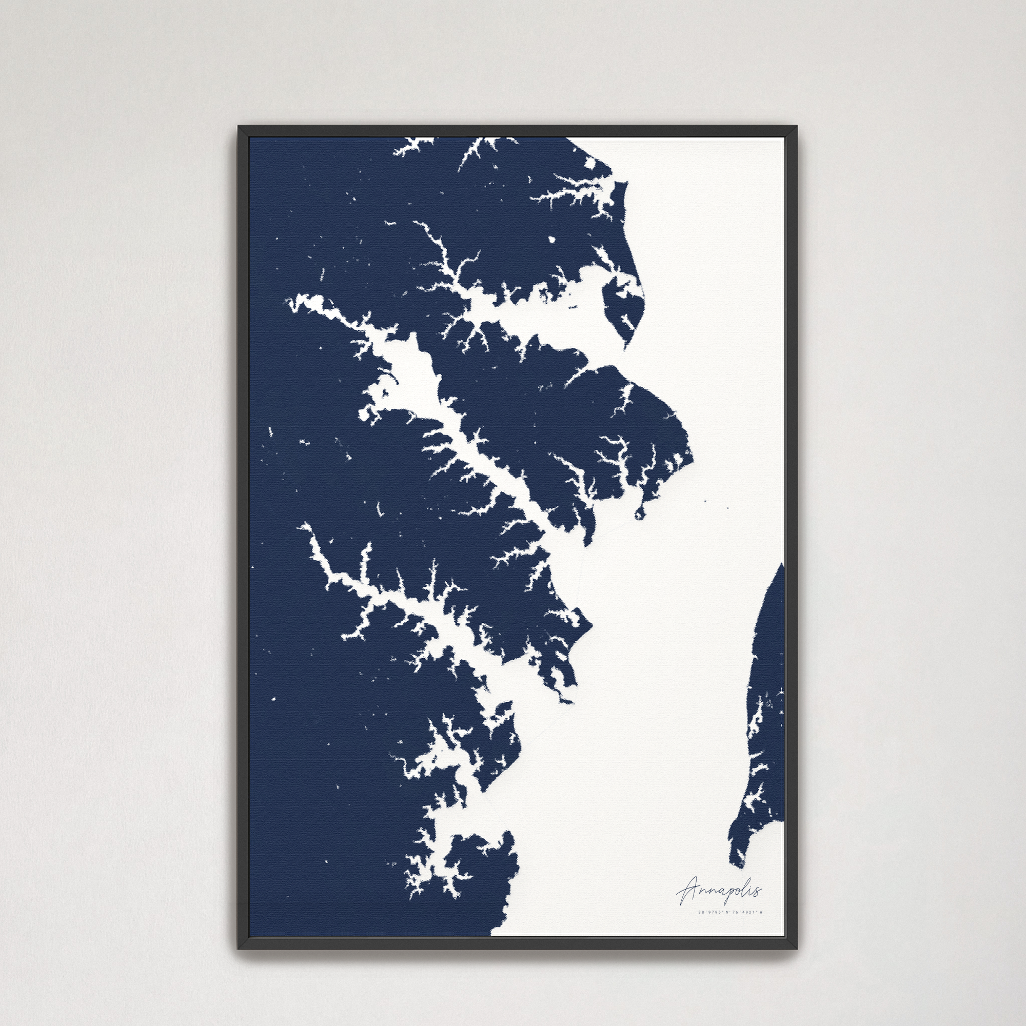 Annapolis Coastal Map — Canvas Vertical, navy, Black Frame