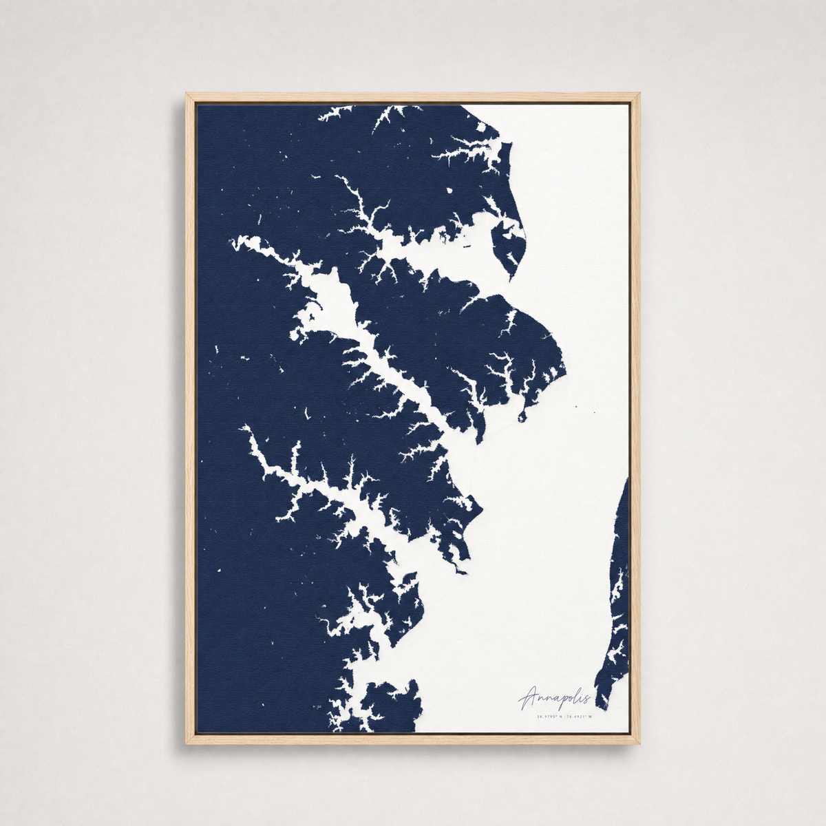 Annapolis Coastal Map — Canvas Vertical — navy, Light Wood