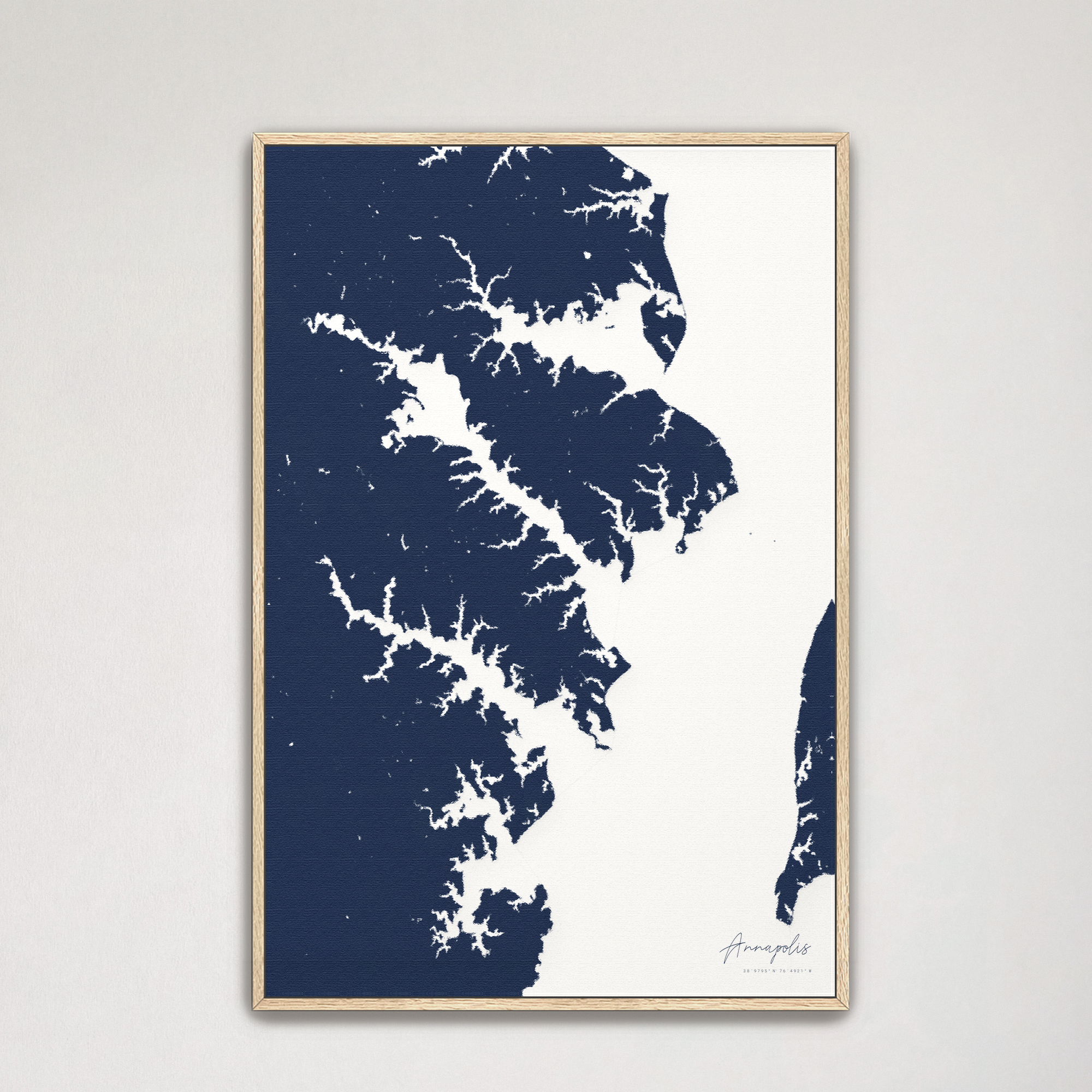 Annapolis Coastal Map — Canvas Vertical, navy, Natural Oak