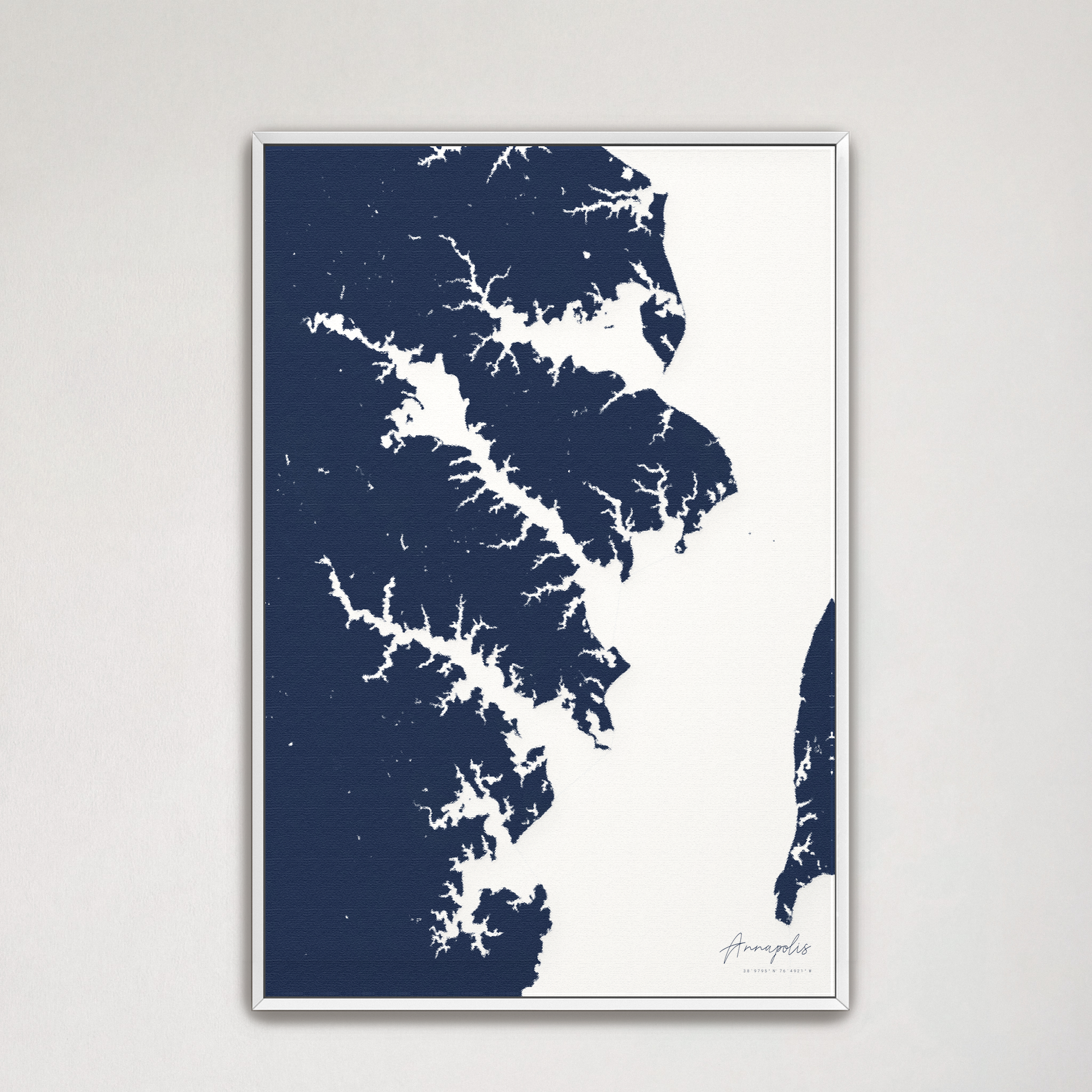 Annapolis Coastal Map — Canvas Vertical, navy, White Frame