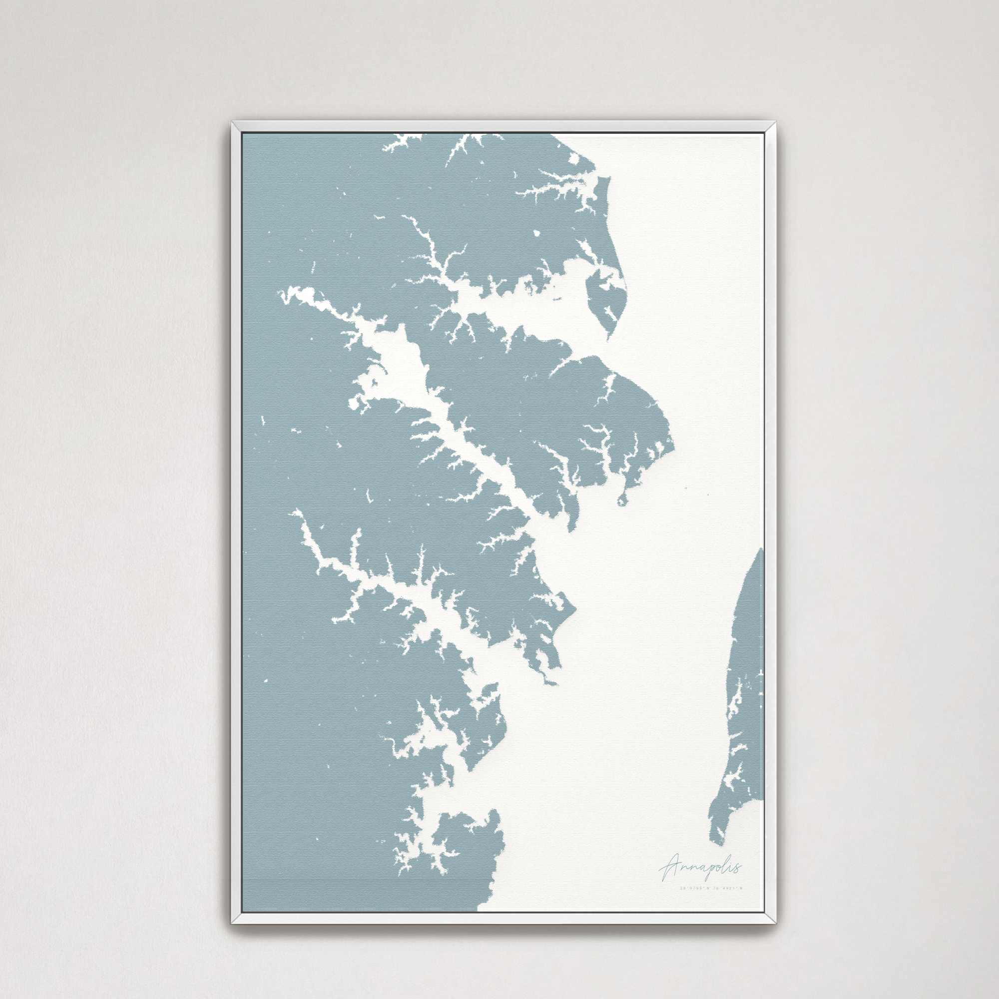 Annapolis Coastal Map — Canvas Vertical, soft-blue, White Frame