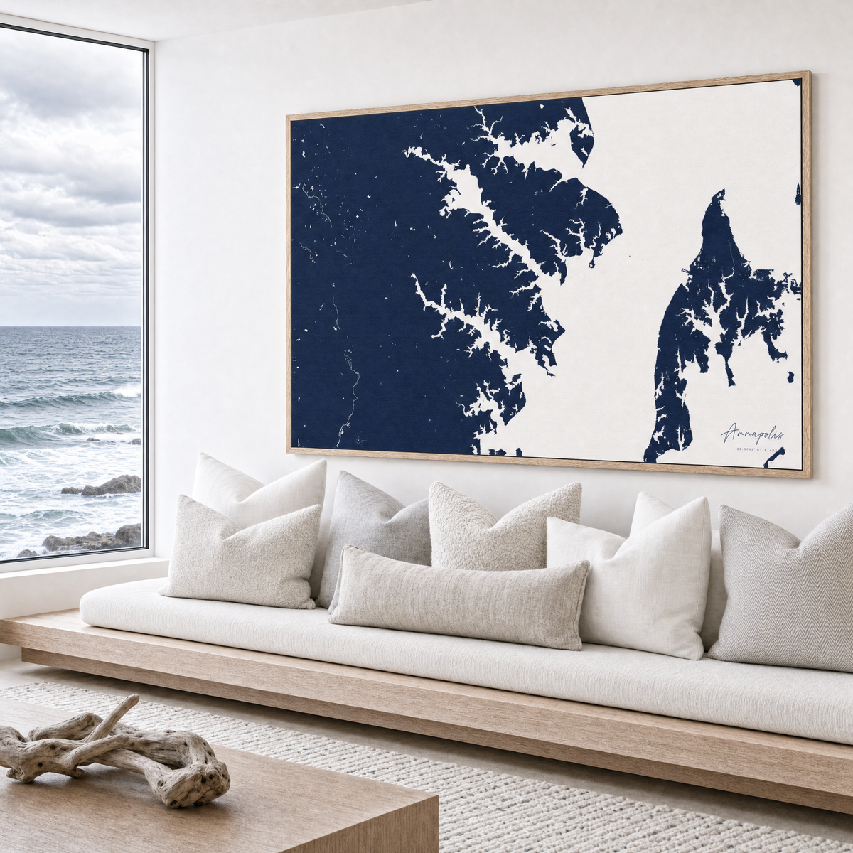 Annapolis canvas map — sea-view bench interior