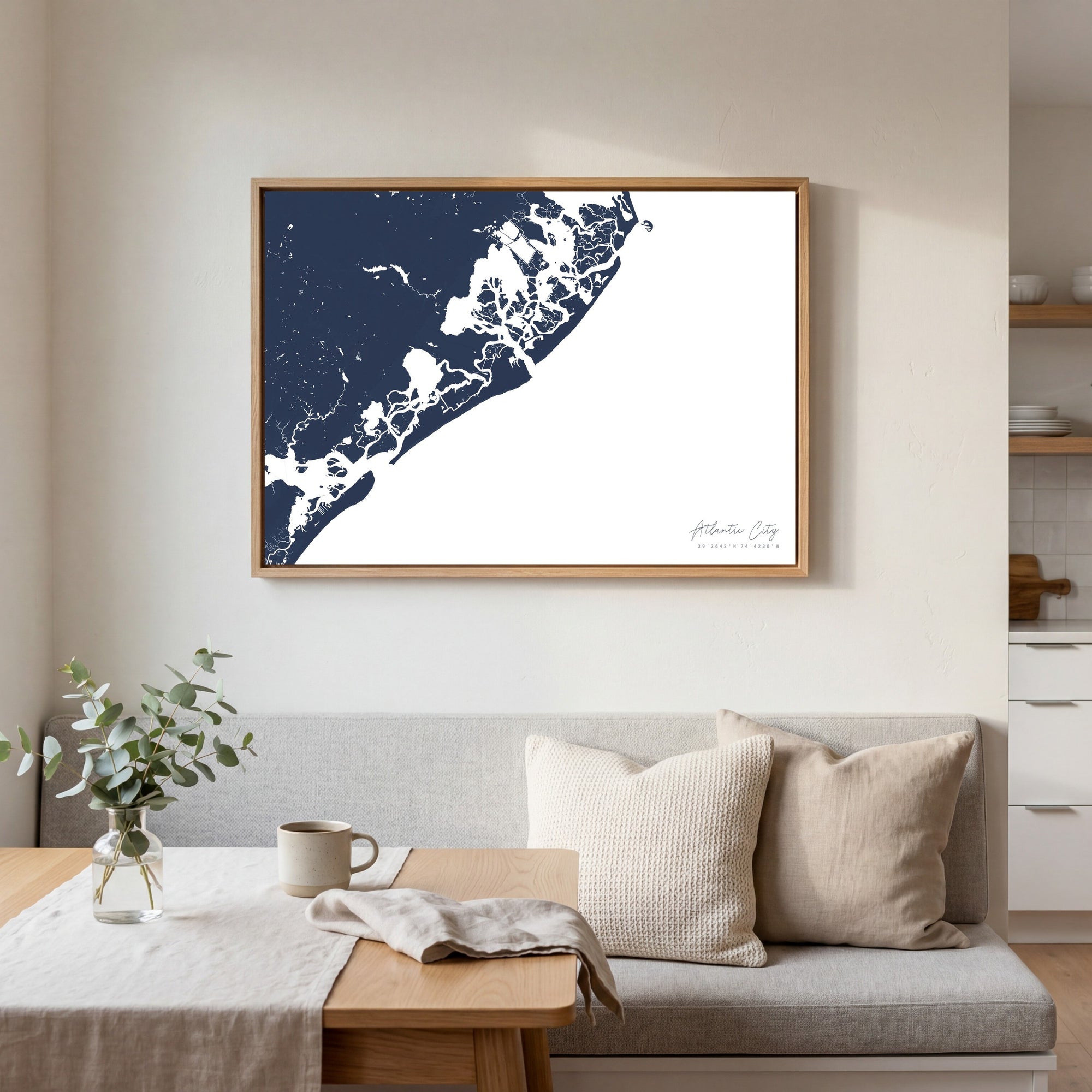 Atlantic City navy horizontal canvas map in an oak framed room scene