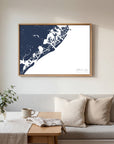 Atlantic City navy horizontal canvas map in an oak framed room scene