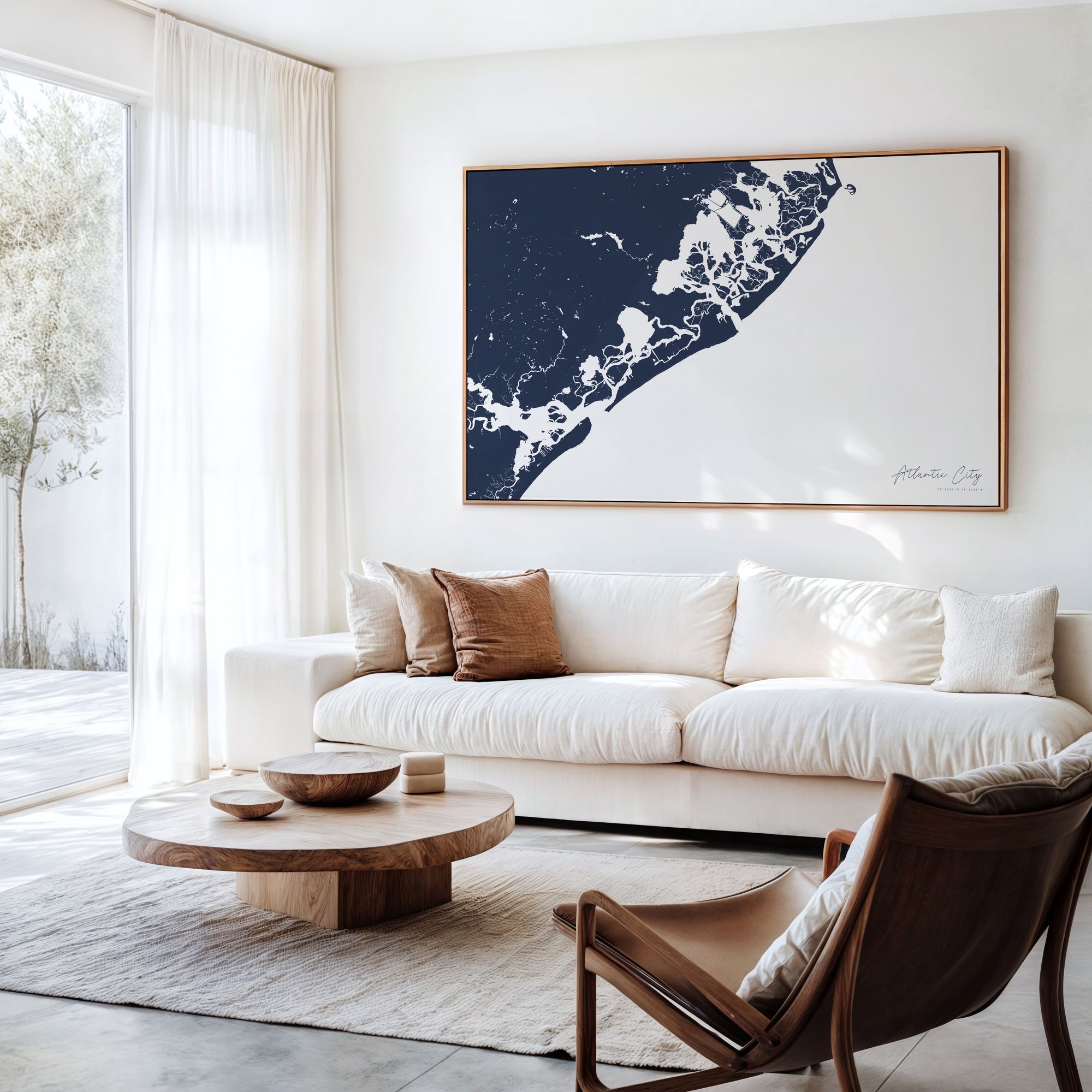 Atlantic City navy horizontal canvas map in an oak framed room scene