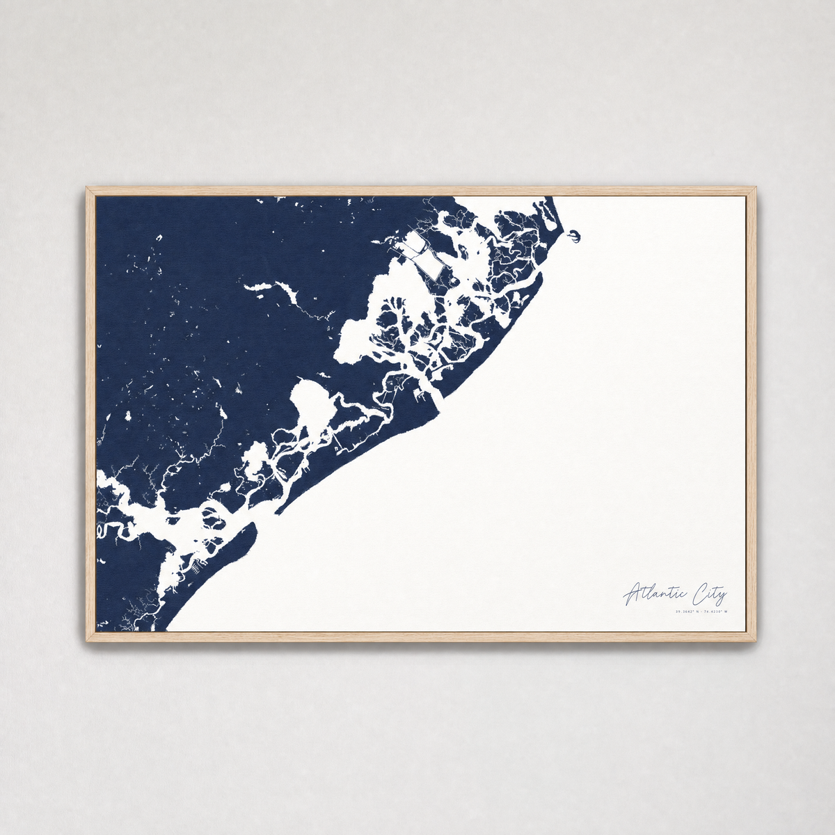 Atlantic City Coastal Map — Canvas Horizontal — navy, Light Wood