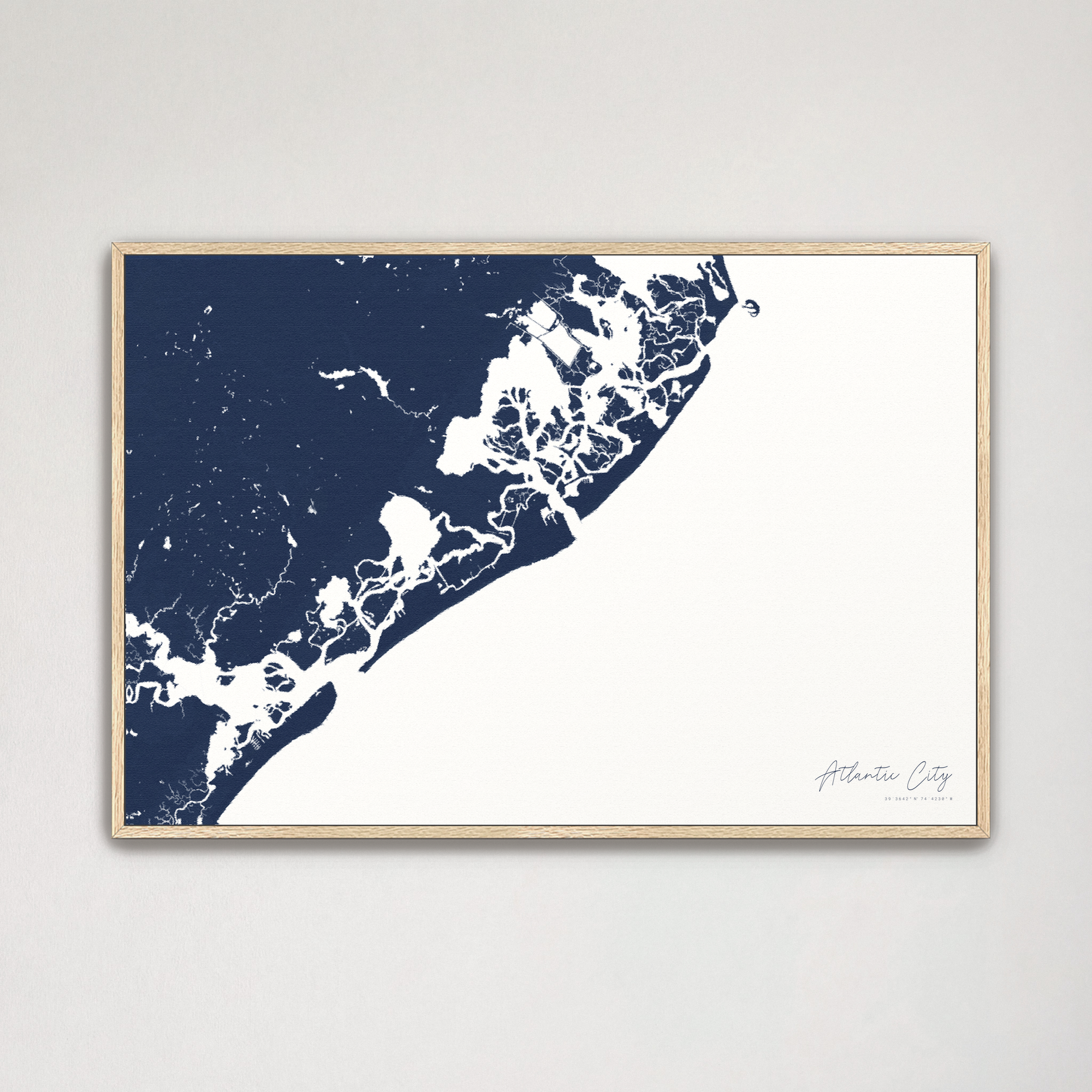 Atlantic City Coastal Map — Canvas Horizontal, navy, Natural Oak