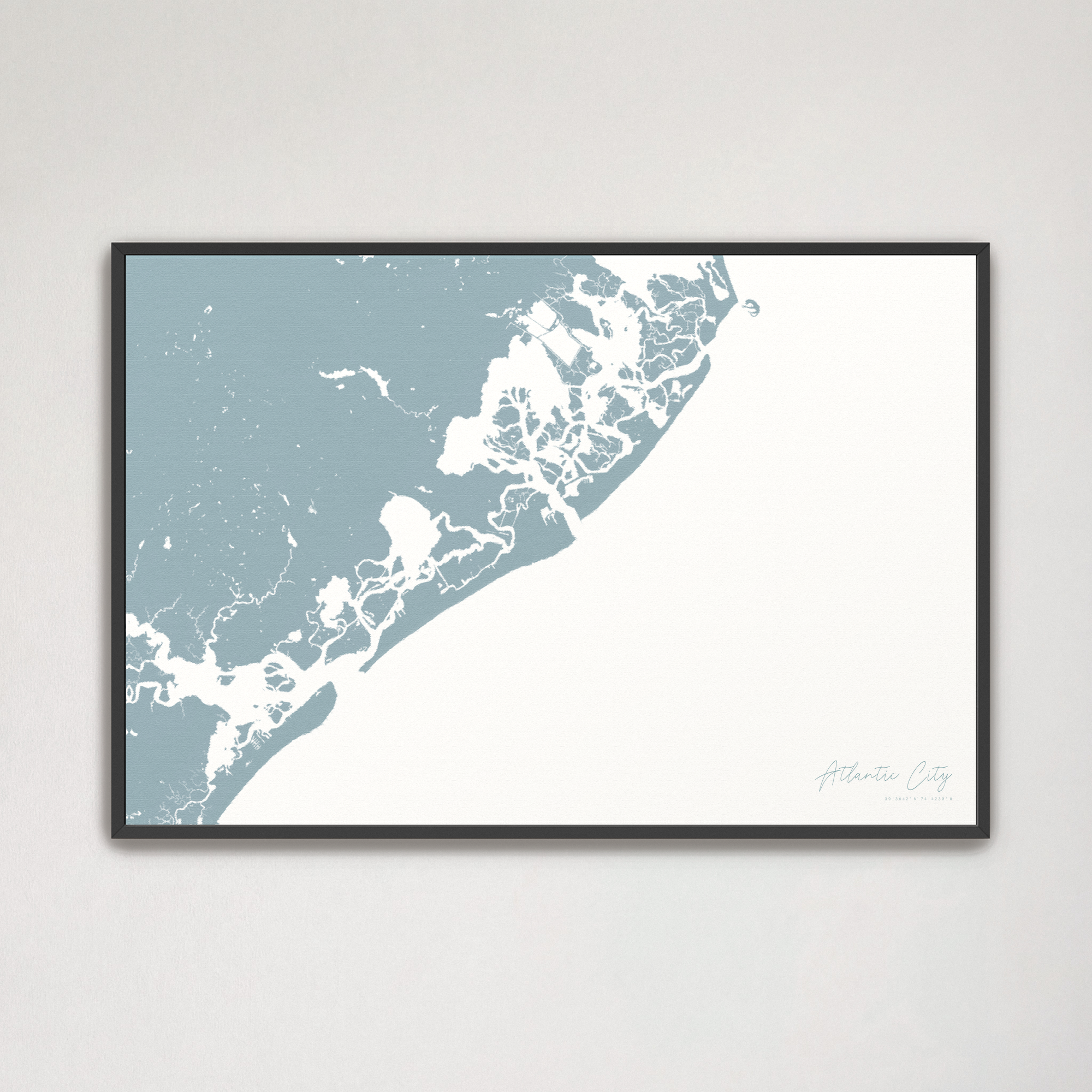 Atlantic City Coastal Map — Canvas Horizontal, soft-blue, Black Frame