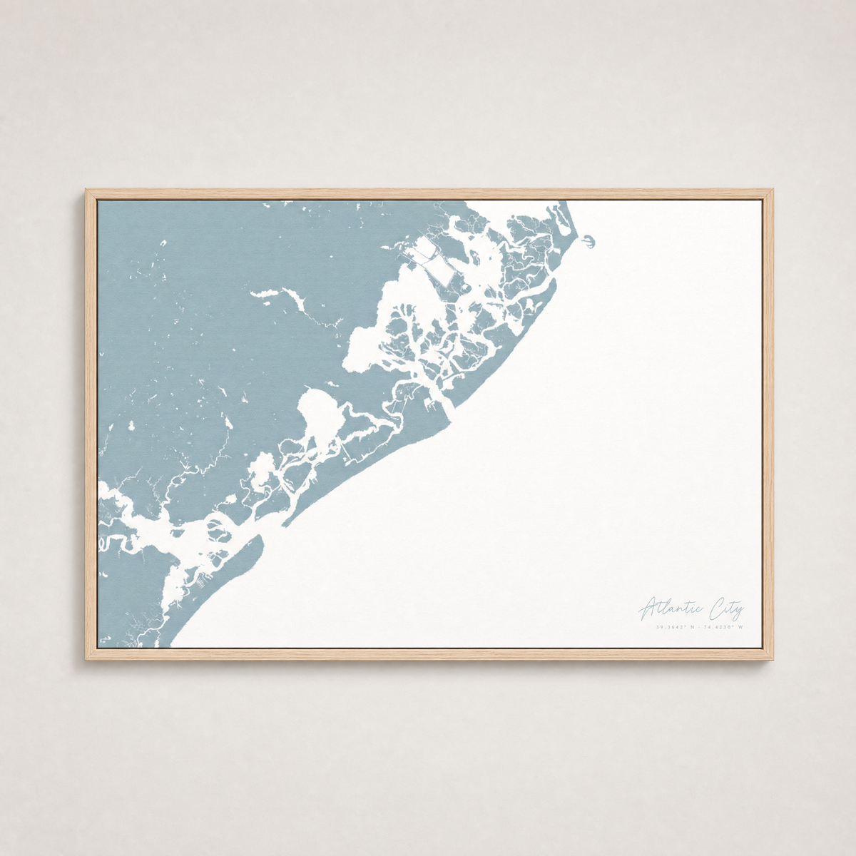 Atlantic City Coastal Map — Canvas Horizontal — soft-blue, Light Wood