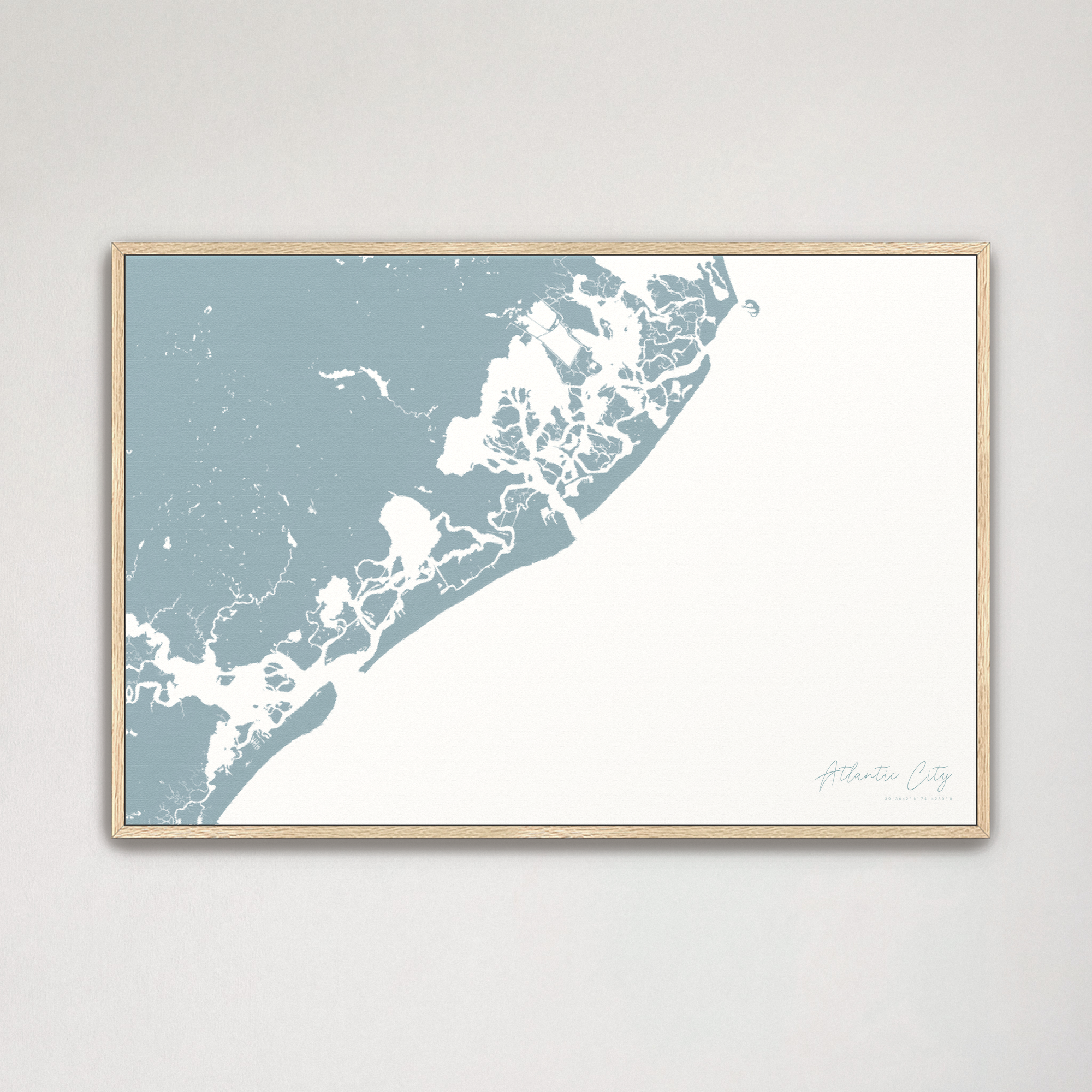 Atlantic City Coastal Map — Canvas Horizontal, soft-blue, Natural Oak