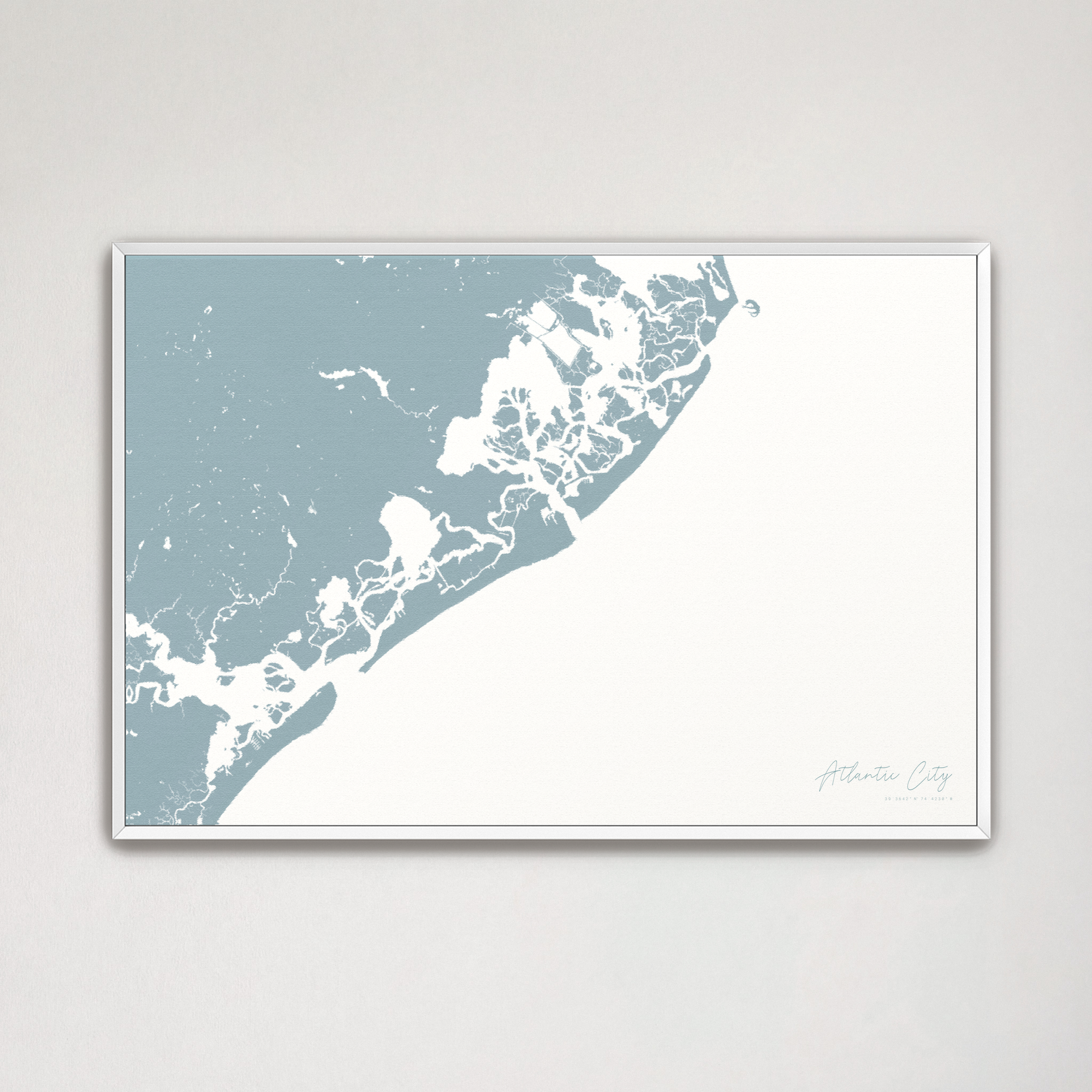 Atlantic City Coastal Map — Canvas Horizontal, soft-blue, White Frame