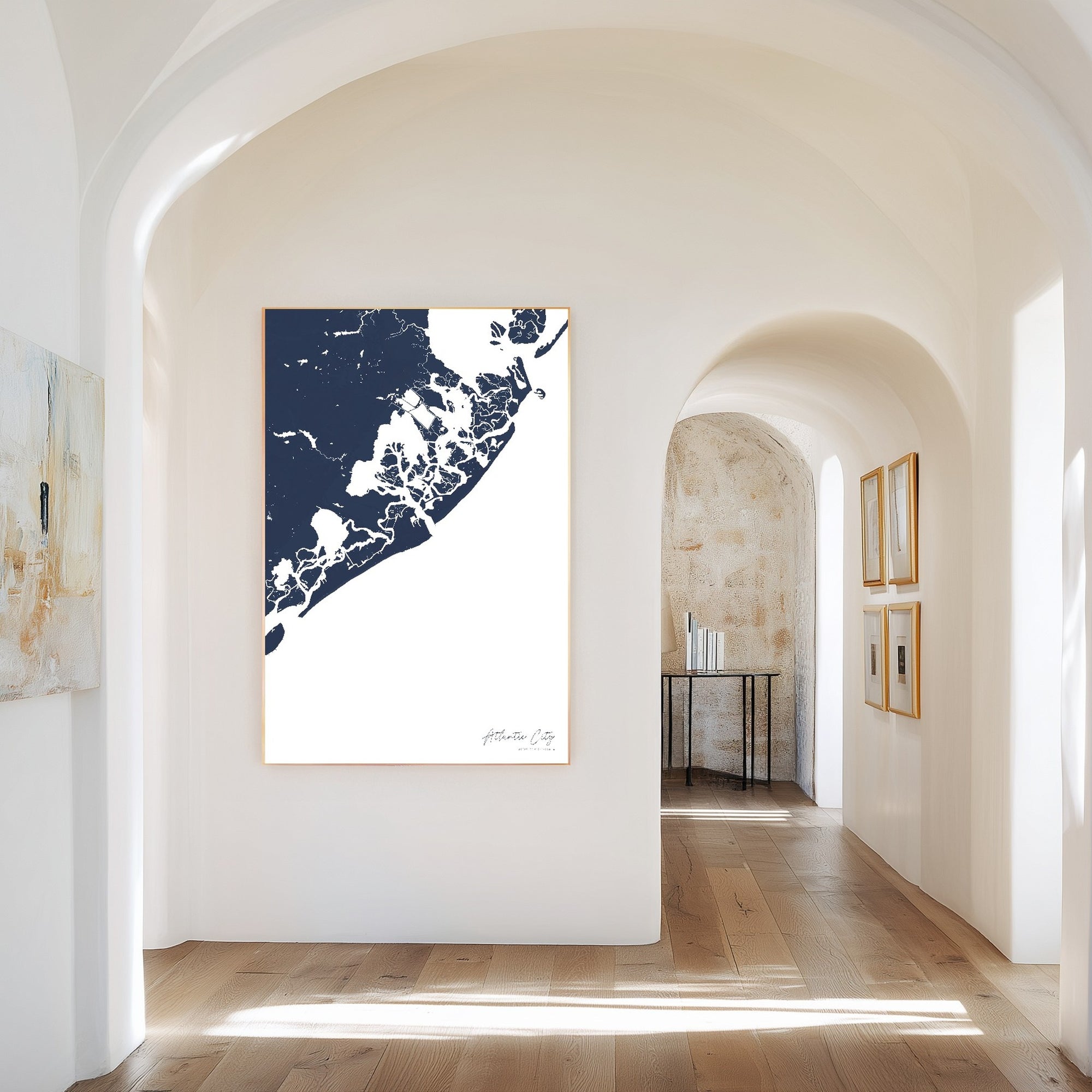 Atlantic City navy vertical canvas map in the Bello mixed room scene