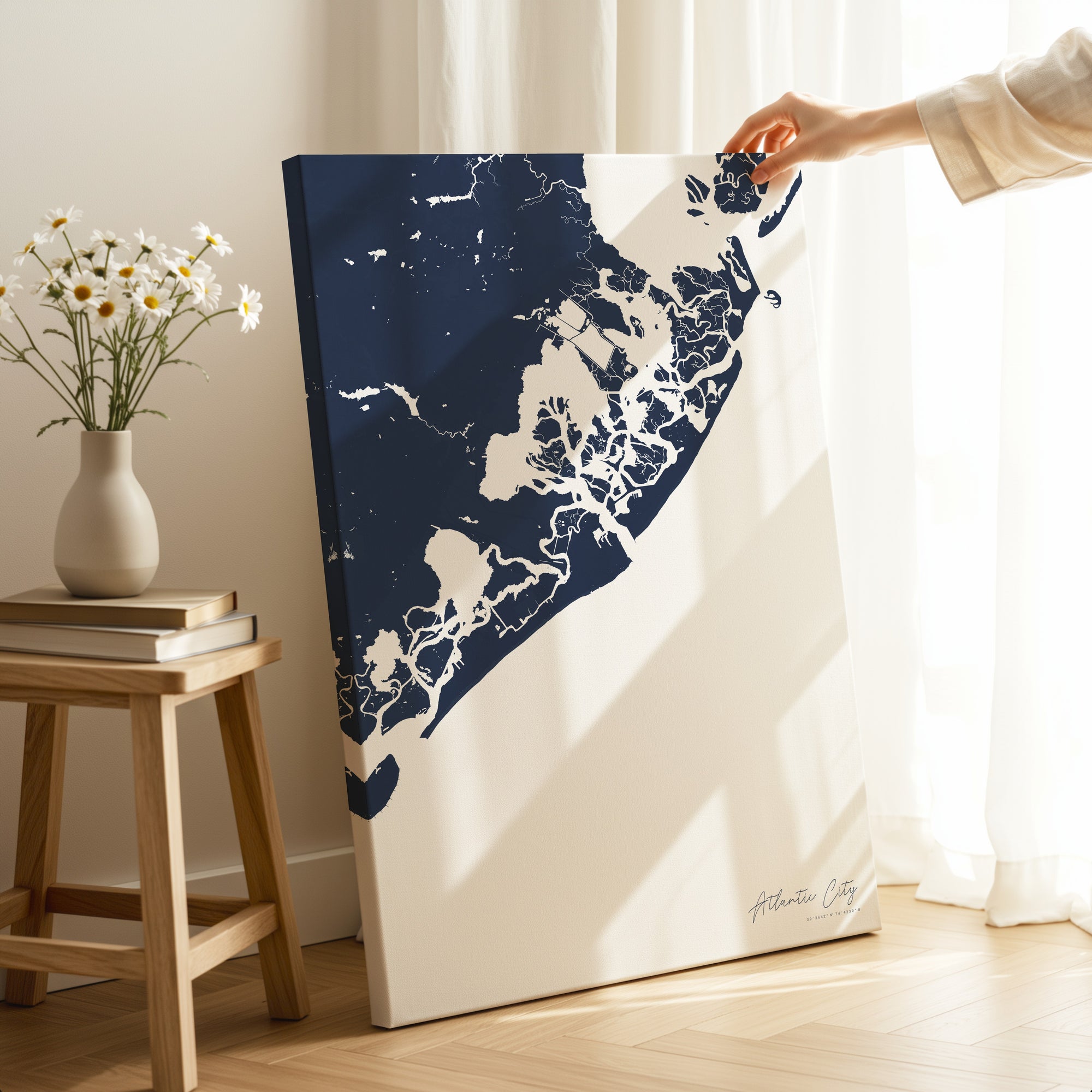 Atlantic City navy vertical wrapped canvas map in the ratio 2:3 hand mockup