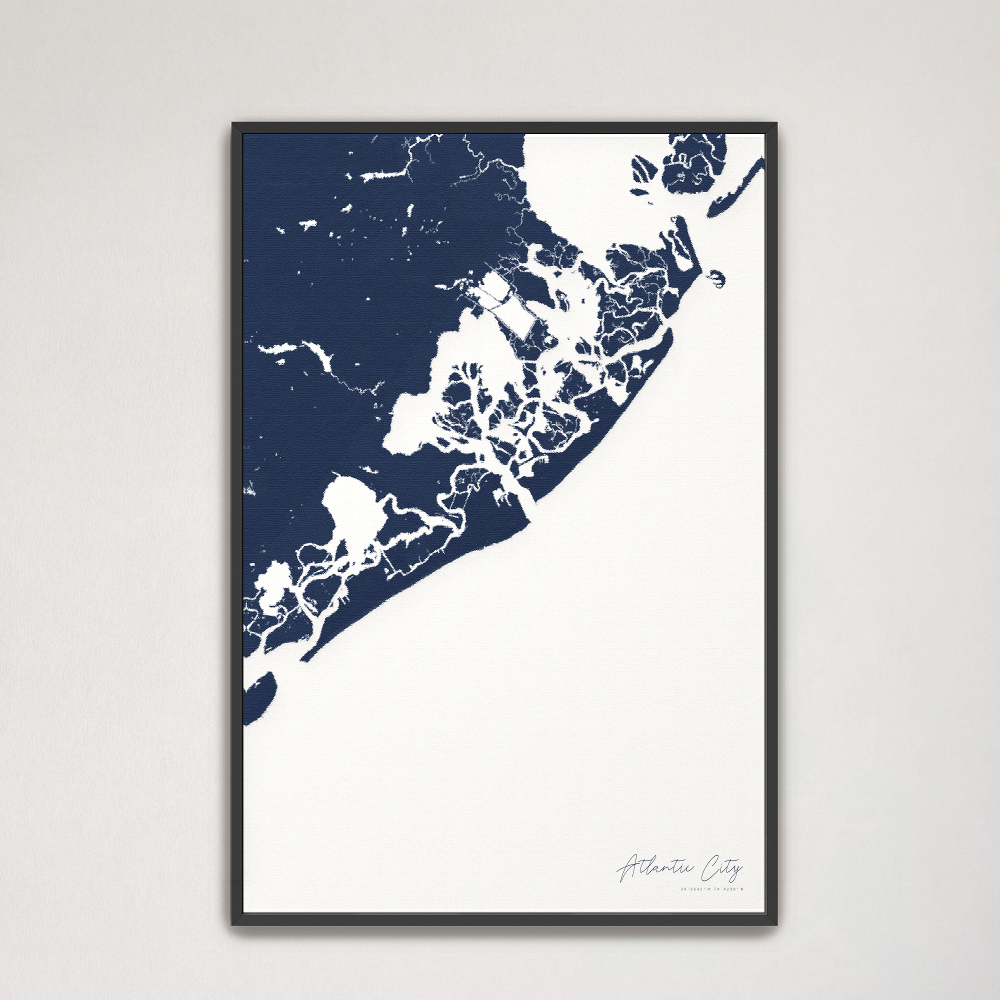 Atlantic City Coastal Map — Canvas Vertical, navy, Black Frame