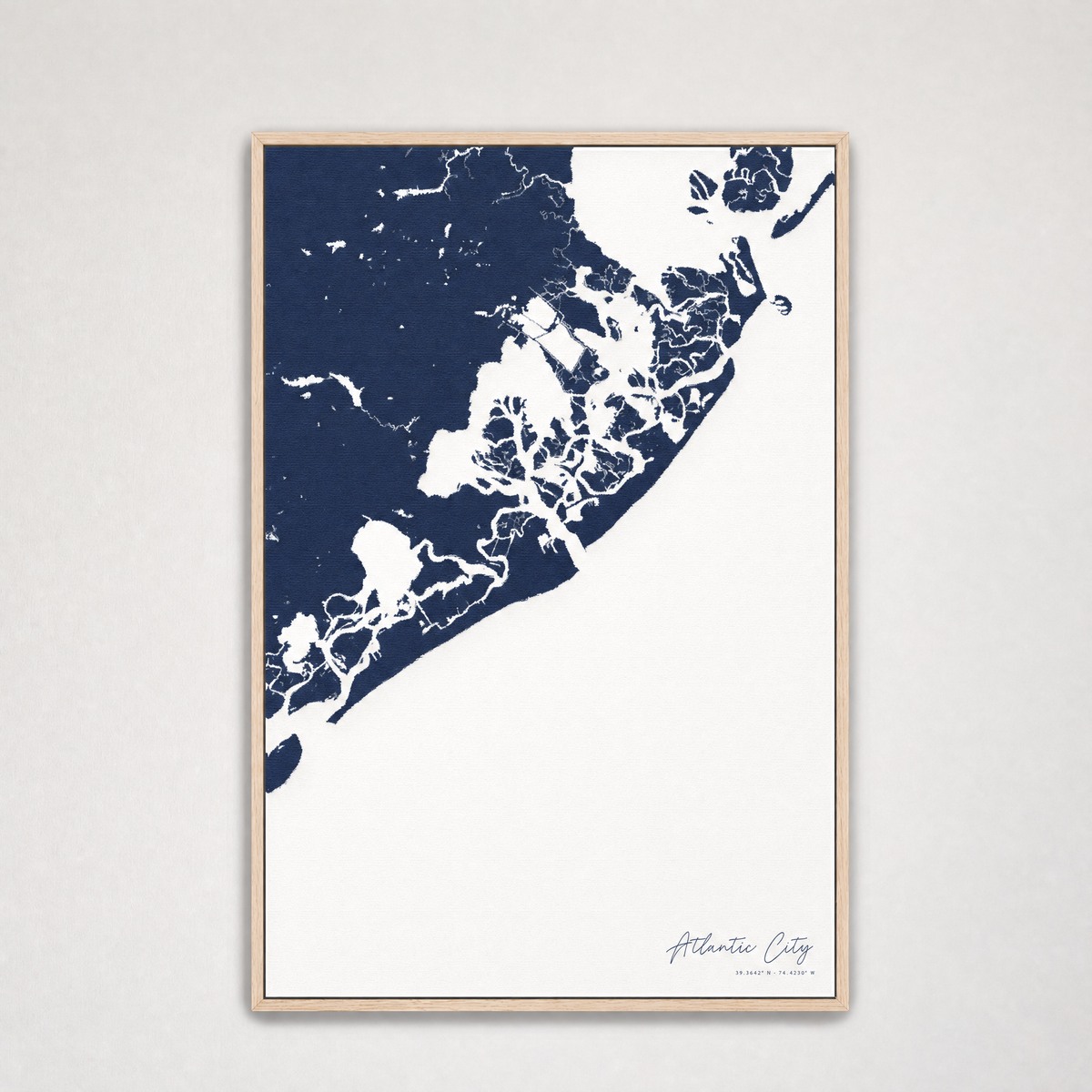 Atlantic City Coastal Map — Canvas Vertical — navy, Light Wood