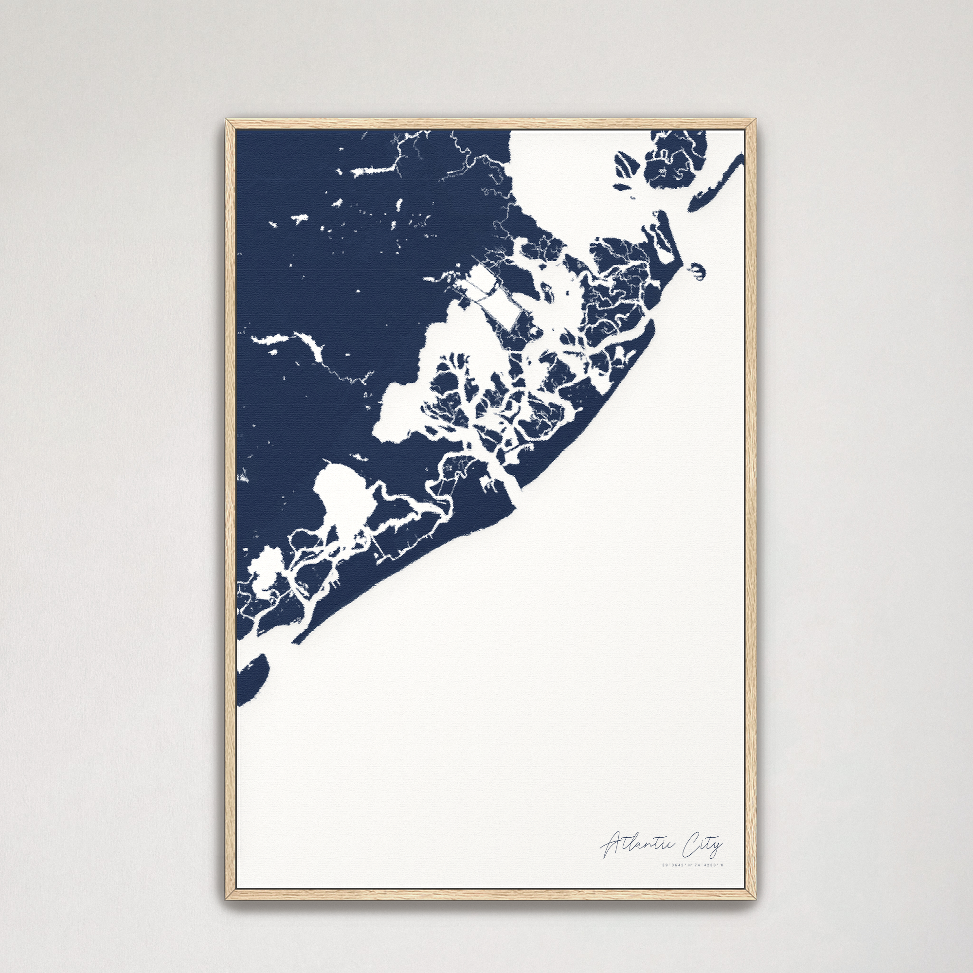 Atlantic City Coastal Map — Canvas Vertical, navy, Natural Oak