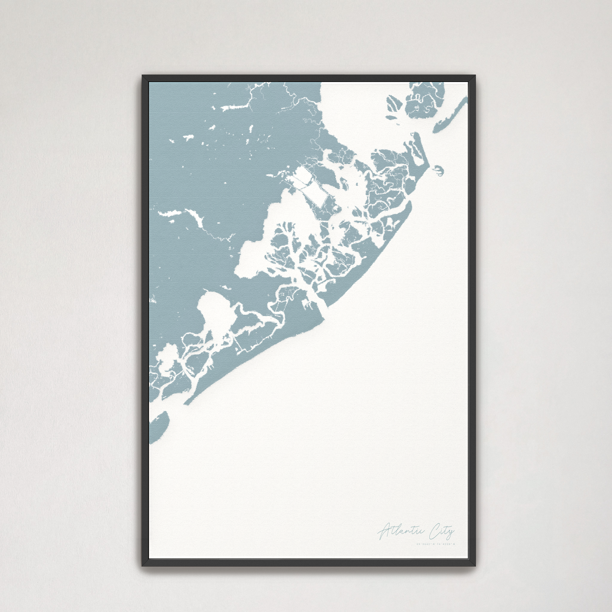Atlantic City Coastal Map — Canvas Vertical, soft-blue, Black Frame