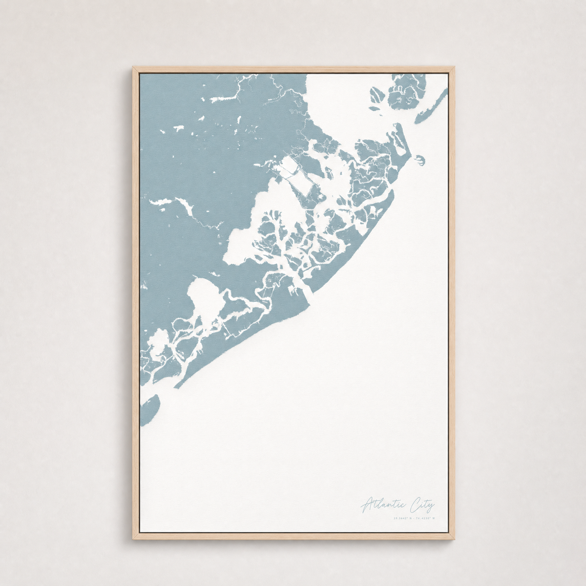 Atlantic City Coastal Map — Canvas Vertical — soft-blue, Light Wood