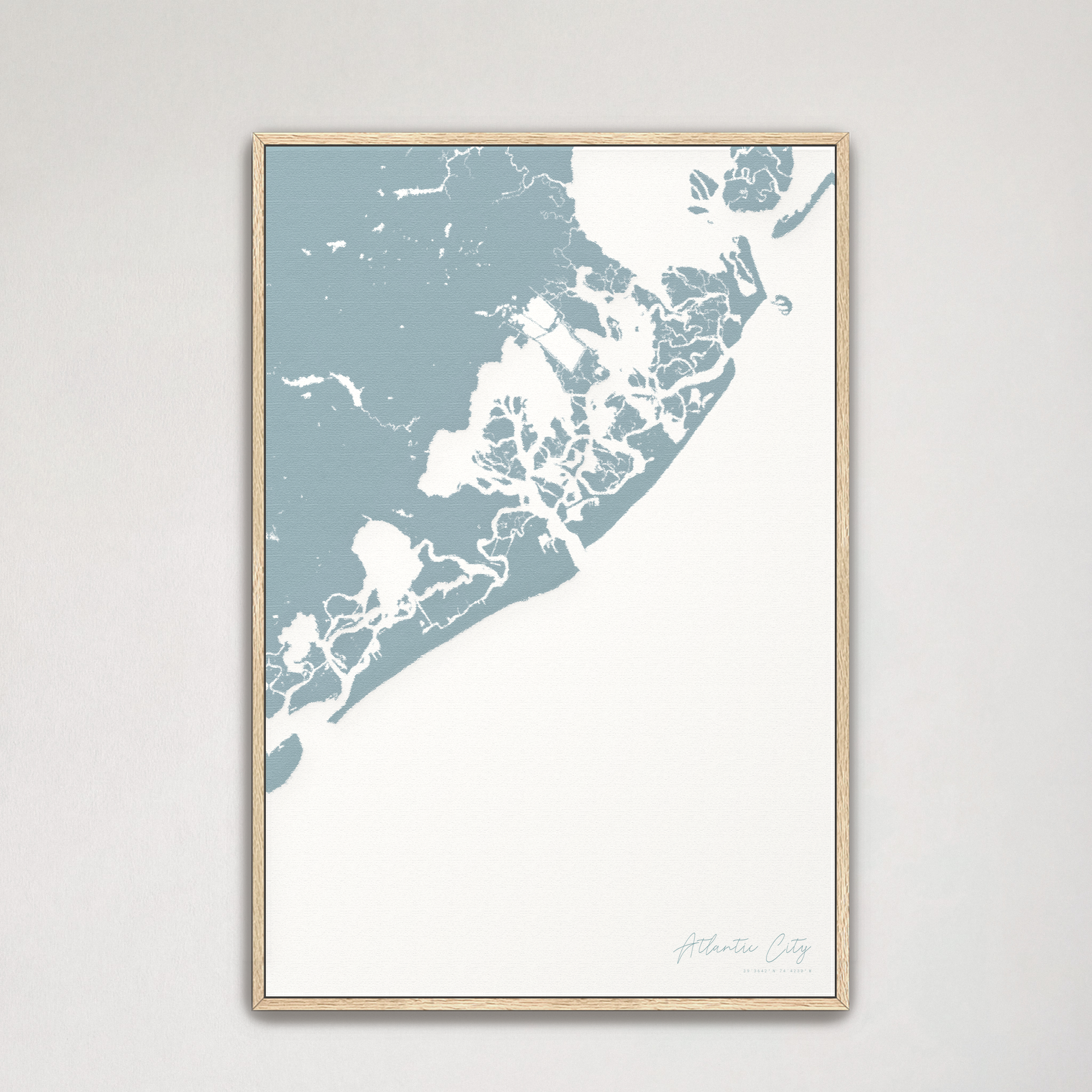 Atlantic City Coastal Map — Canvas Vertical, soft-blue, Natural Oak