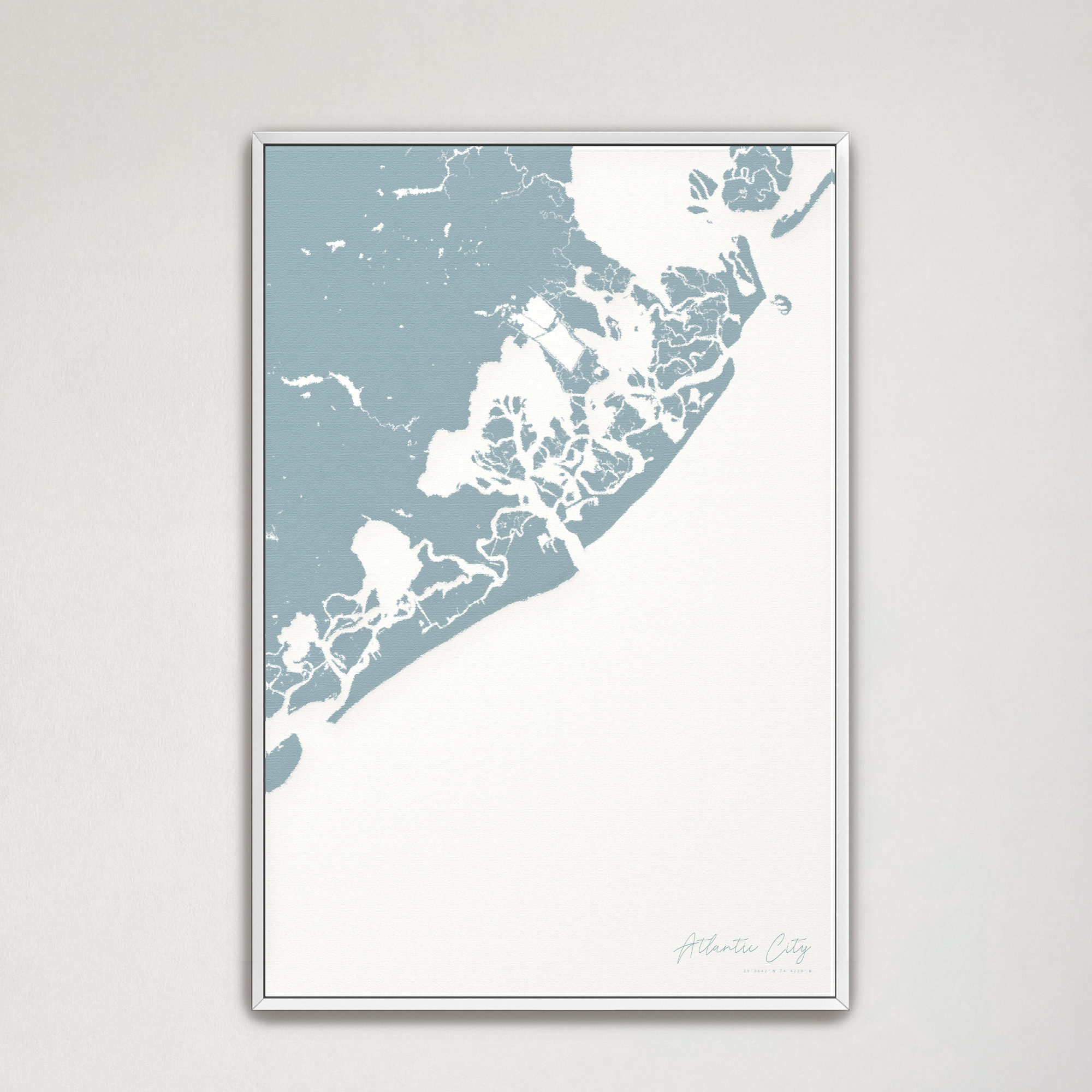 Atlantic City Coastal Map — Canvas Vertical, soft-blue, White Frame