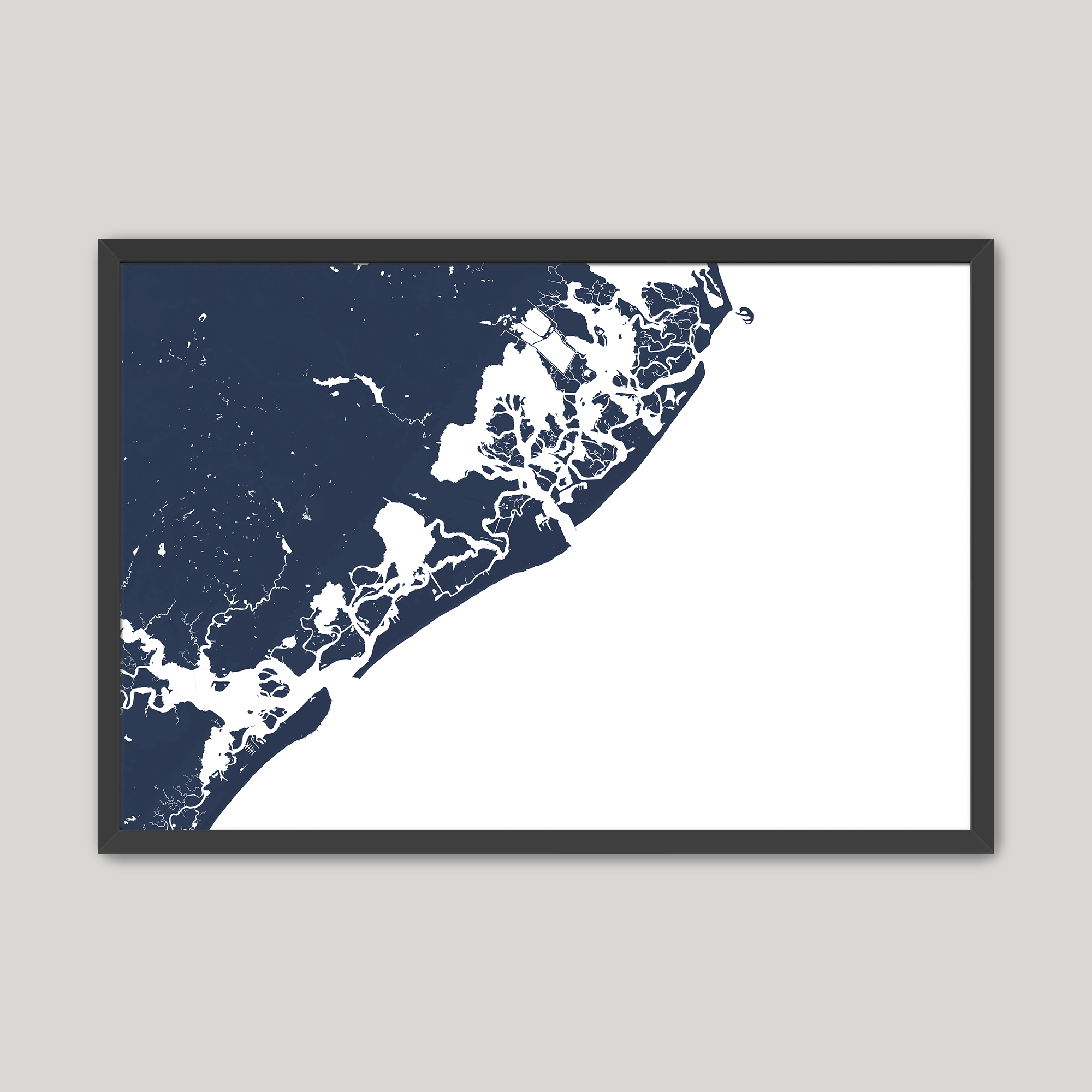Atlantic City Coastal Map — Fine Art Print Horizontal, navy, Black Frame, 10x8