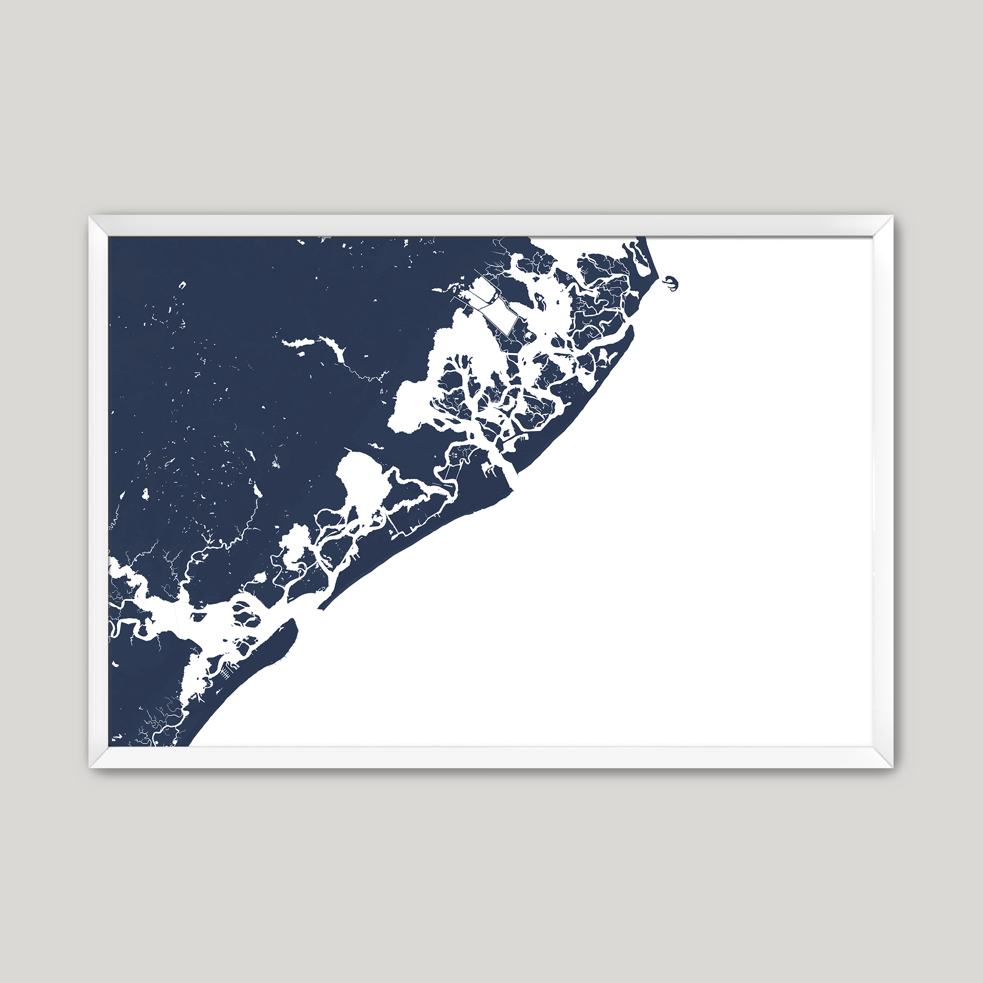 Atlantic City Coastal Map — Fine Art Print Horizontal, navy, White Frame, 10x8