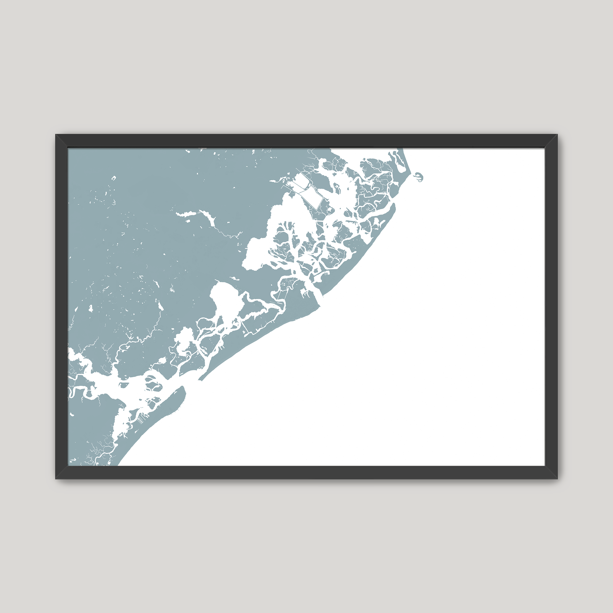 Atlantic City Coastal Map — Fine Art Print Horizontal, soft-blue, Black Frame, 10x8