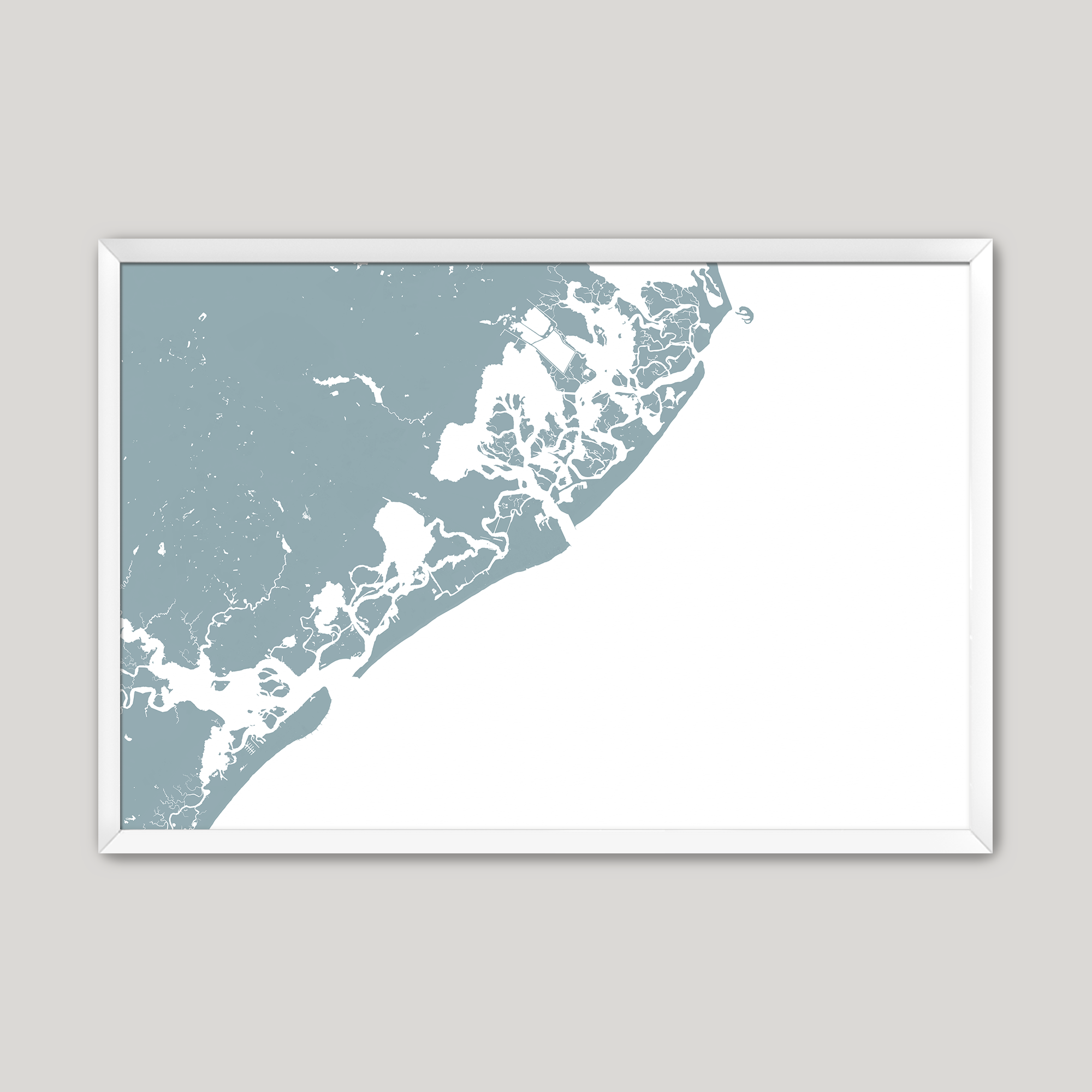 Atlantic City Coastal Map — Fine Art Print Horizontal, soft-blue, White Frame, 10x8