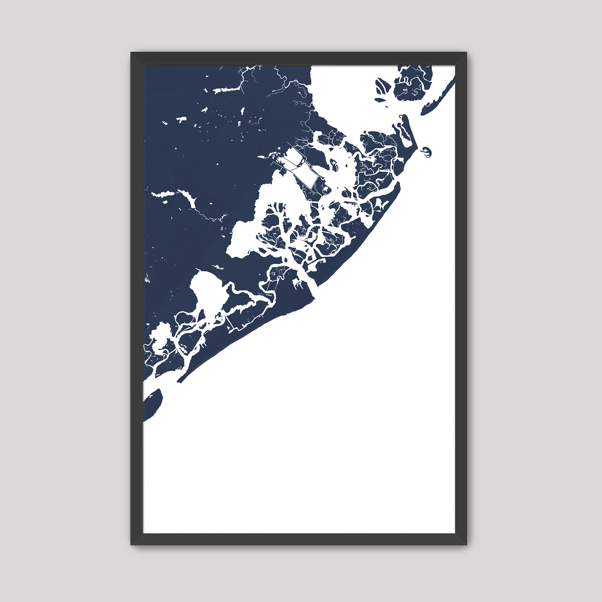 Atlantic City Coastal Map — Fine Art Print Vertical, navy, Black Frame, 8x10