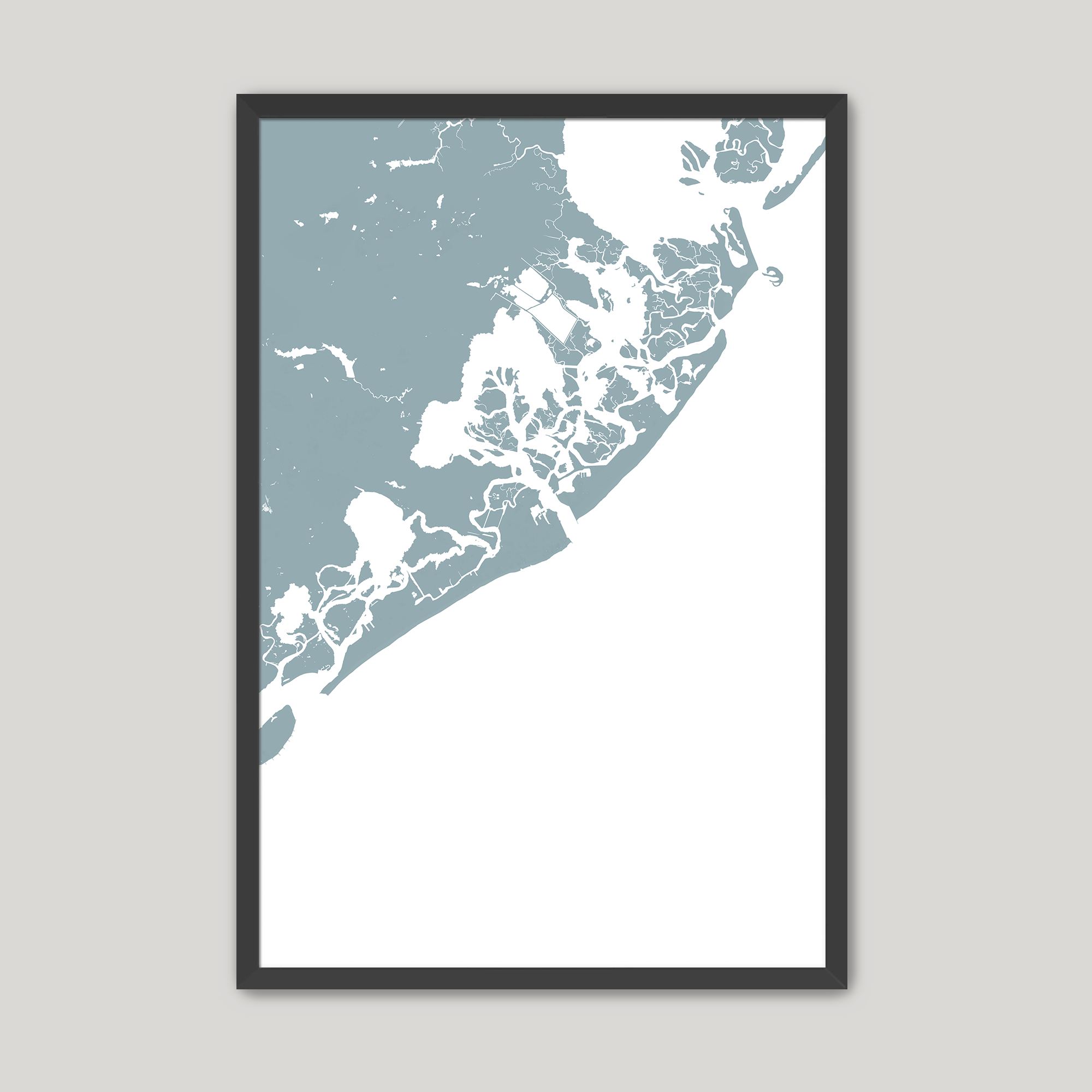 Atlantic City Coastal Map — Fine Art Print Vertical, soft-blue, Black Frame, 8x10