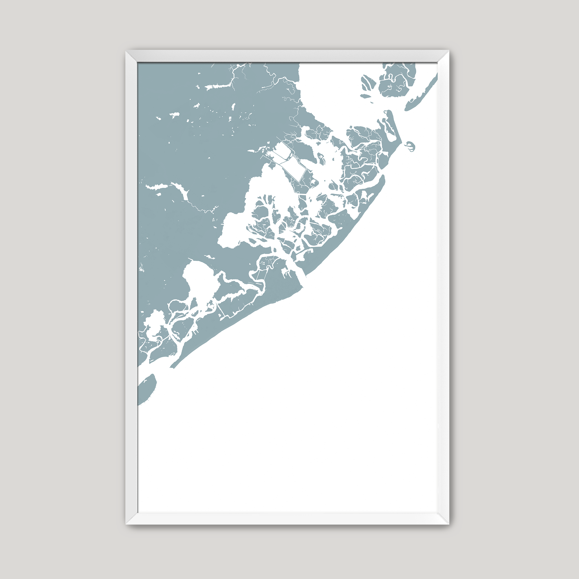 Atlantic City Coastal Map — Fine Art Print Vertical, soft-blue, White Frame, 8x10