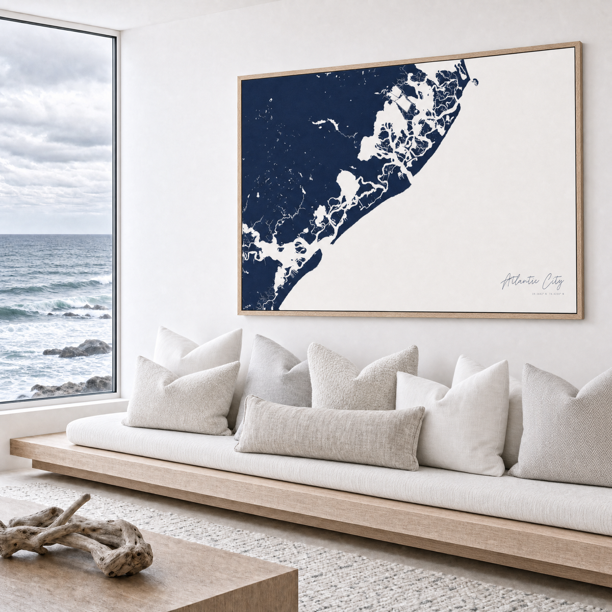 Atlantic City canvas map — sea-view bench interior