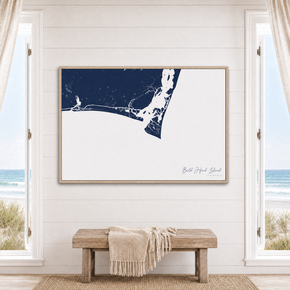 Bald Head Island canvas map — window-scene interior