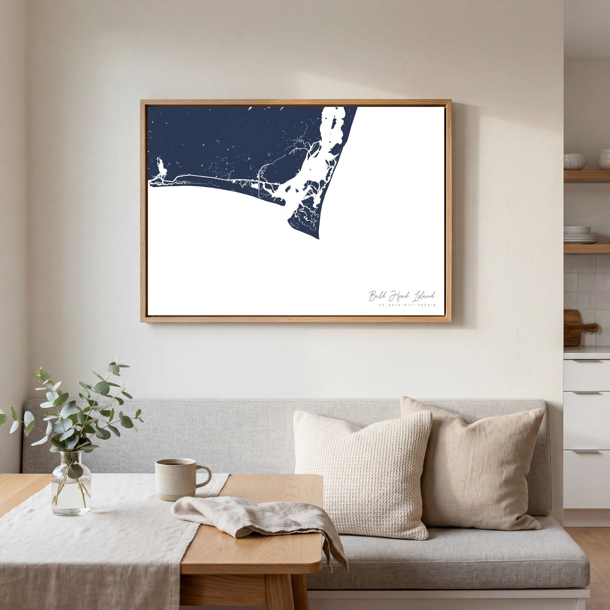 Bald Head Island navy horizontal canvas map in an oak framed room scene