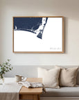 Bald Head Island navy horizontal canvas map in an oak framed room scene