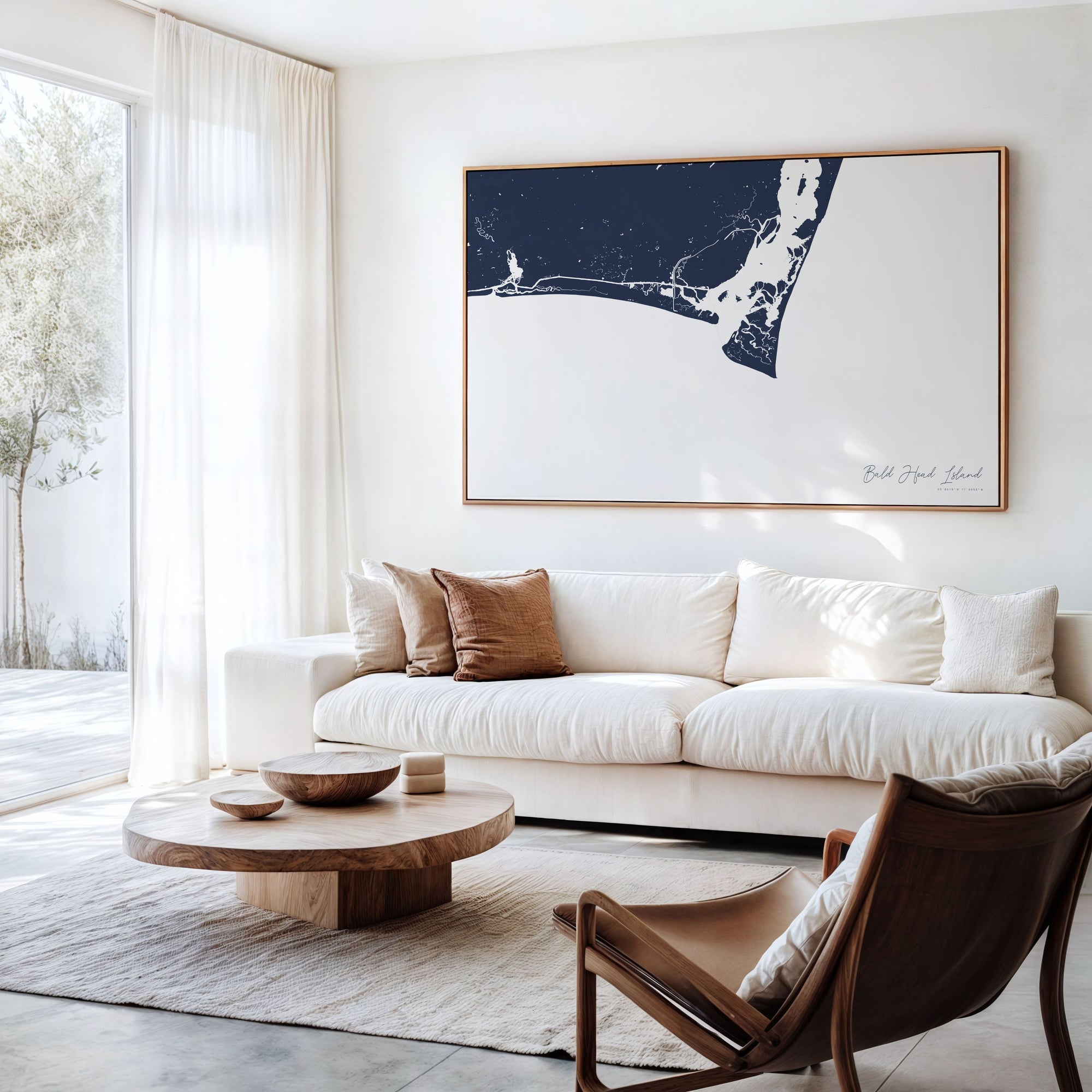 Bald Head Island navy horizontal canvas map in an oak framed room scene