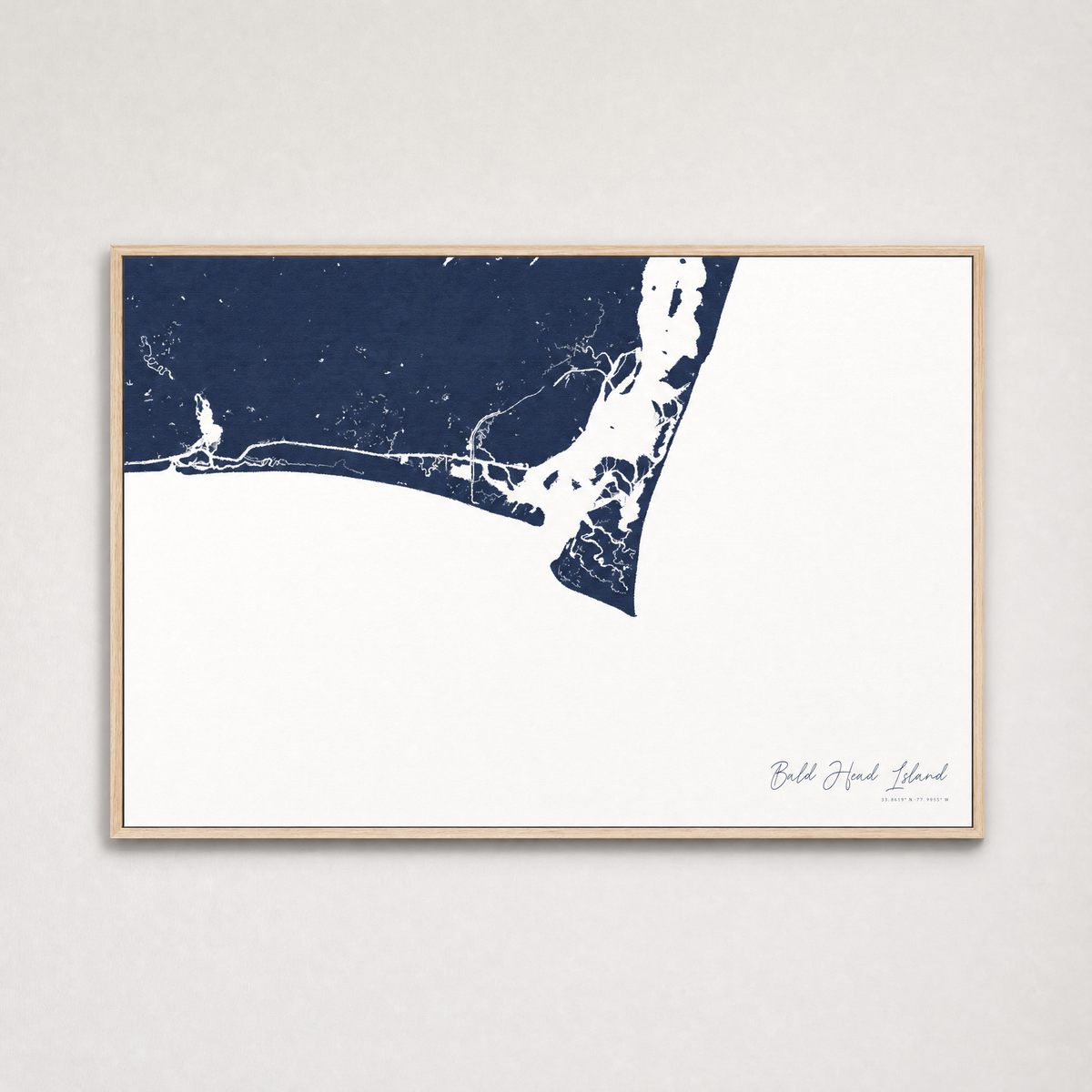 Bald Head Island Coastal Map — Canvas Horizontal — navy, Light Wood