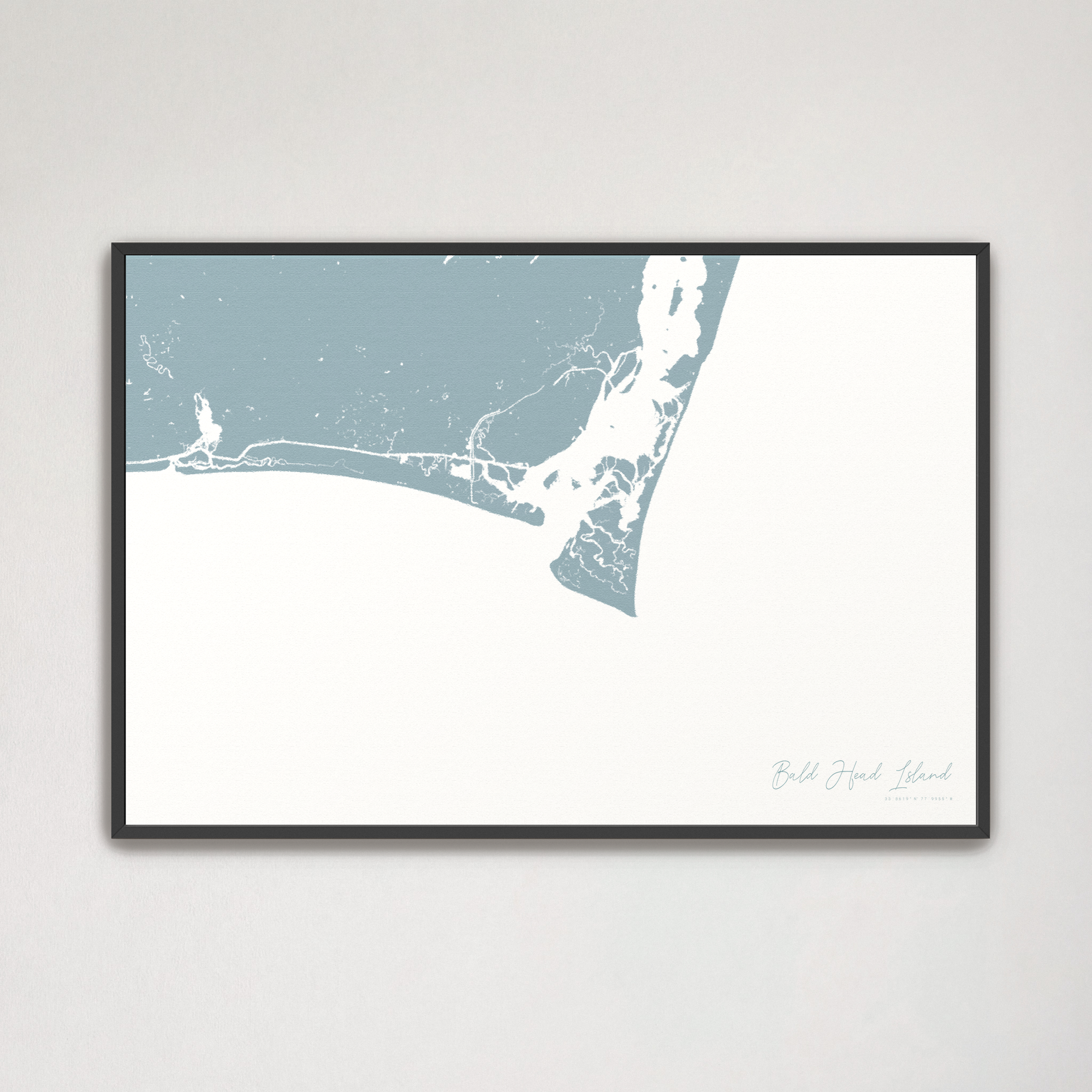 Bald Head Island Coastal Map — Canvas Horizontal, soft-blue, Black Frame