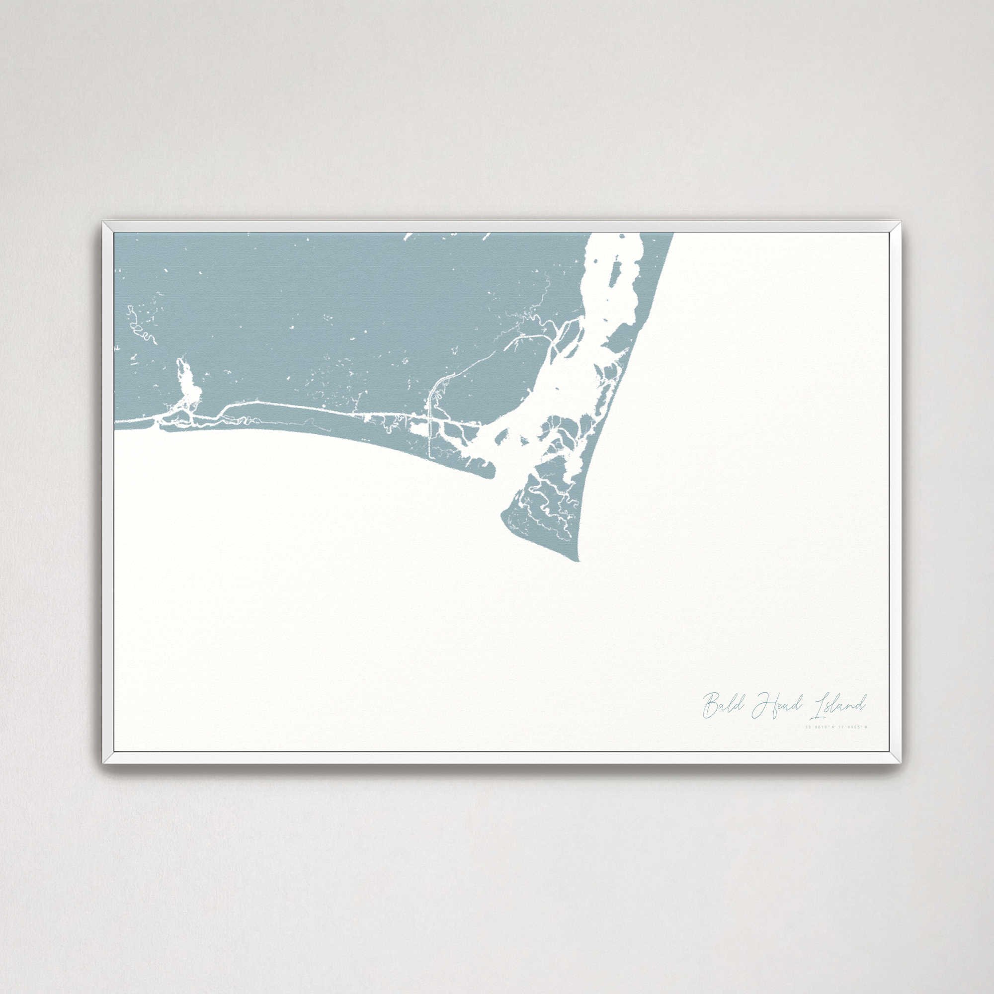 Bald Head Island Coastal Map — Canvas Horizontal, soft-blue, White Frame