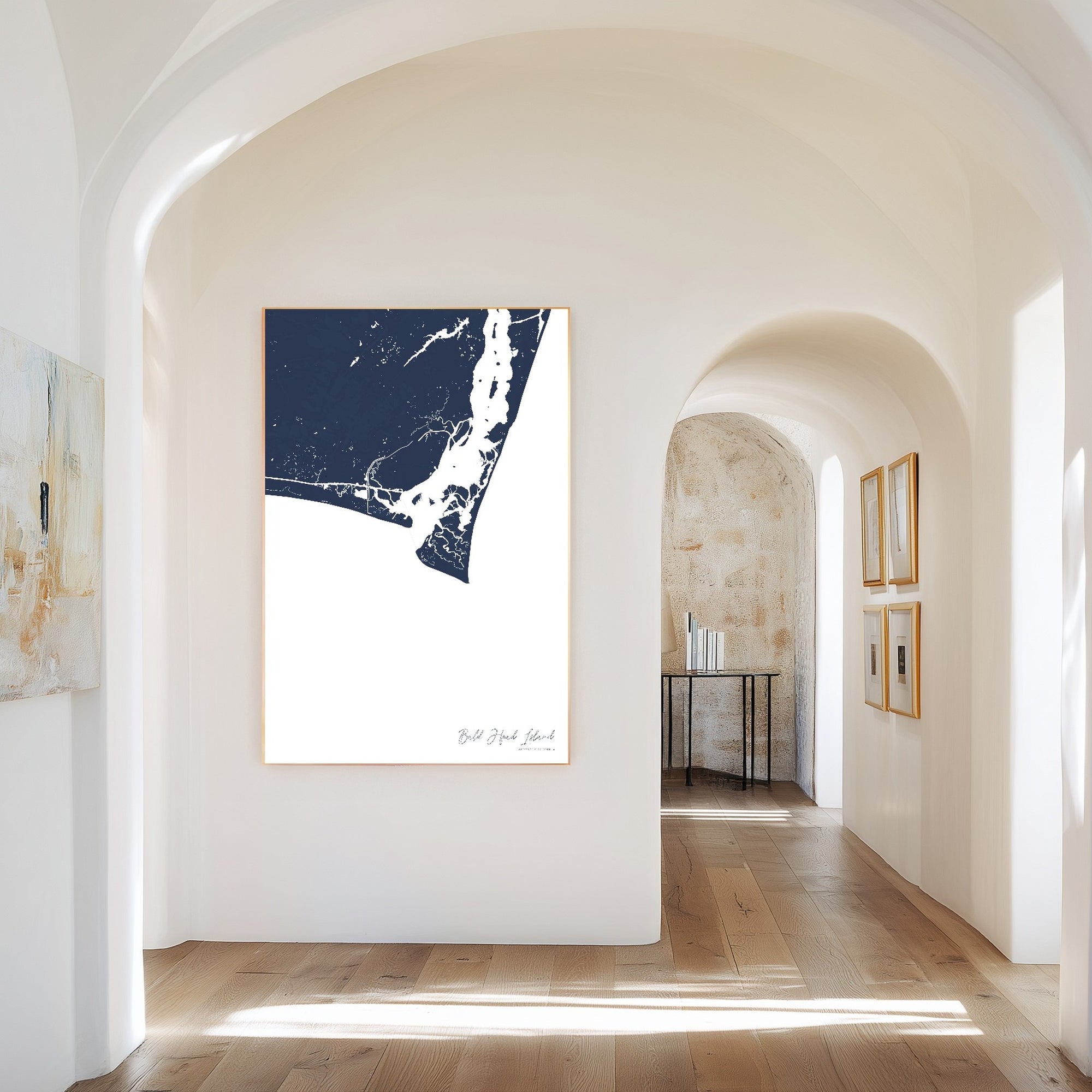 Bald Head Island navy vertical canvas map in the Bello mixed room scene
