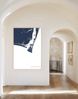 Bald Head Island navy vertical canvas map in the Bello mixed room scene