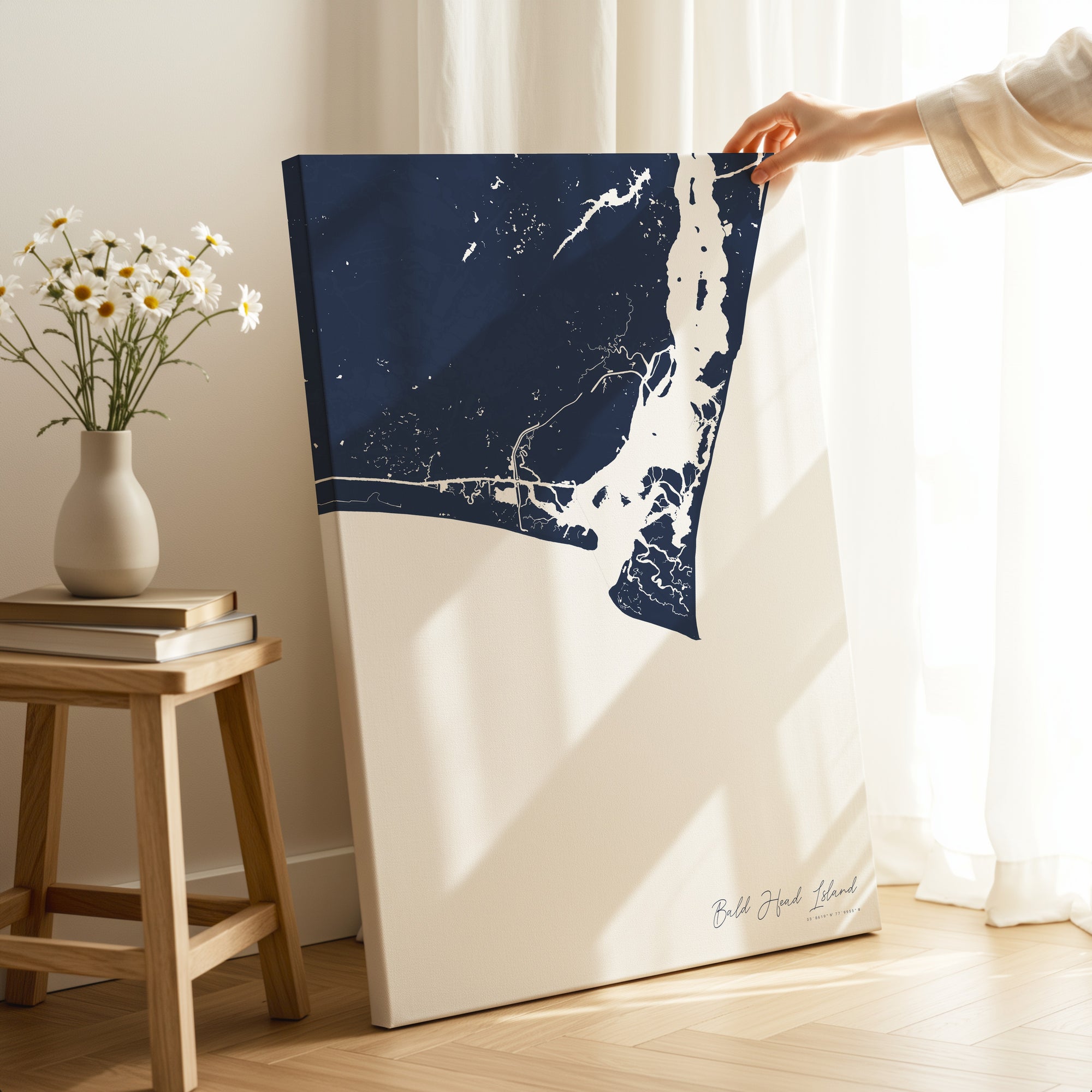 Bald Head Island navy vertical wrapped canvas map in the ratio 2:3 hand mockup