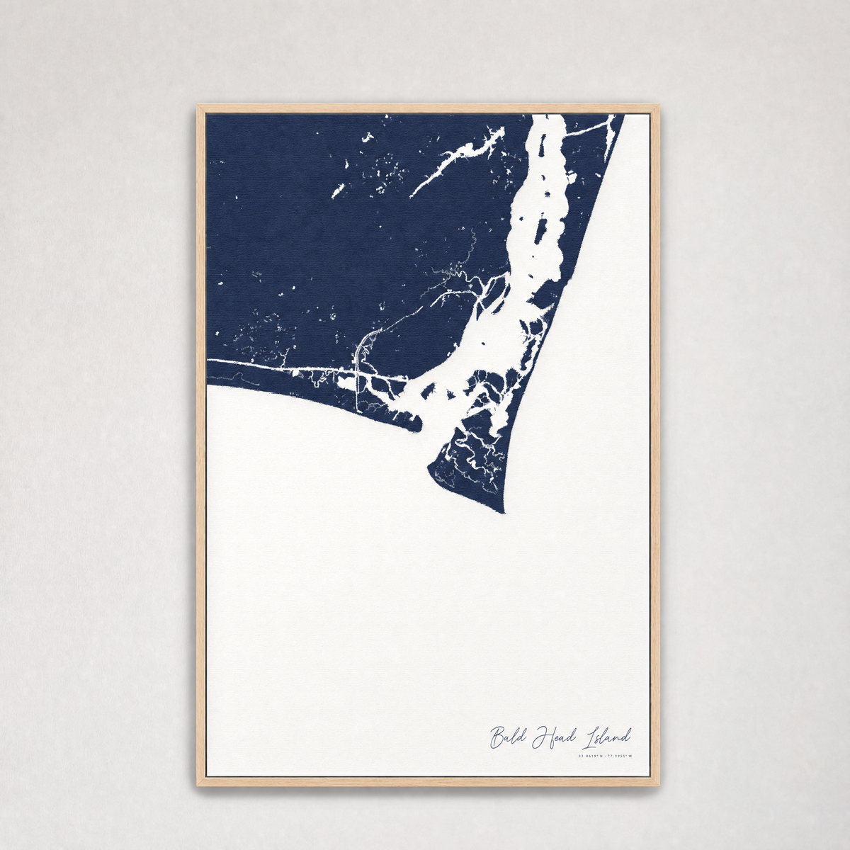 Bald Head Island Coastal Map — Canvas Vertical — navy, Light Wood