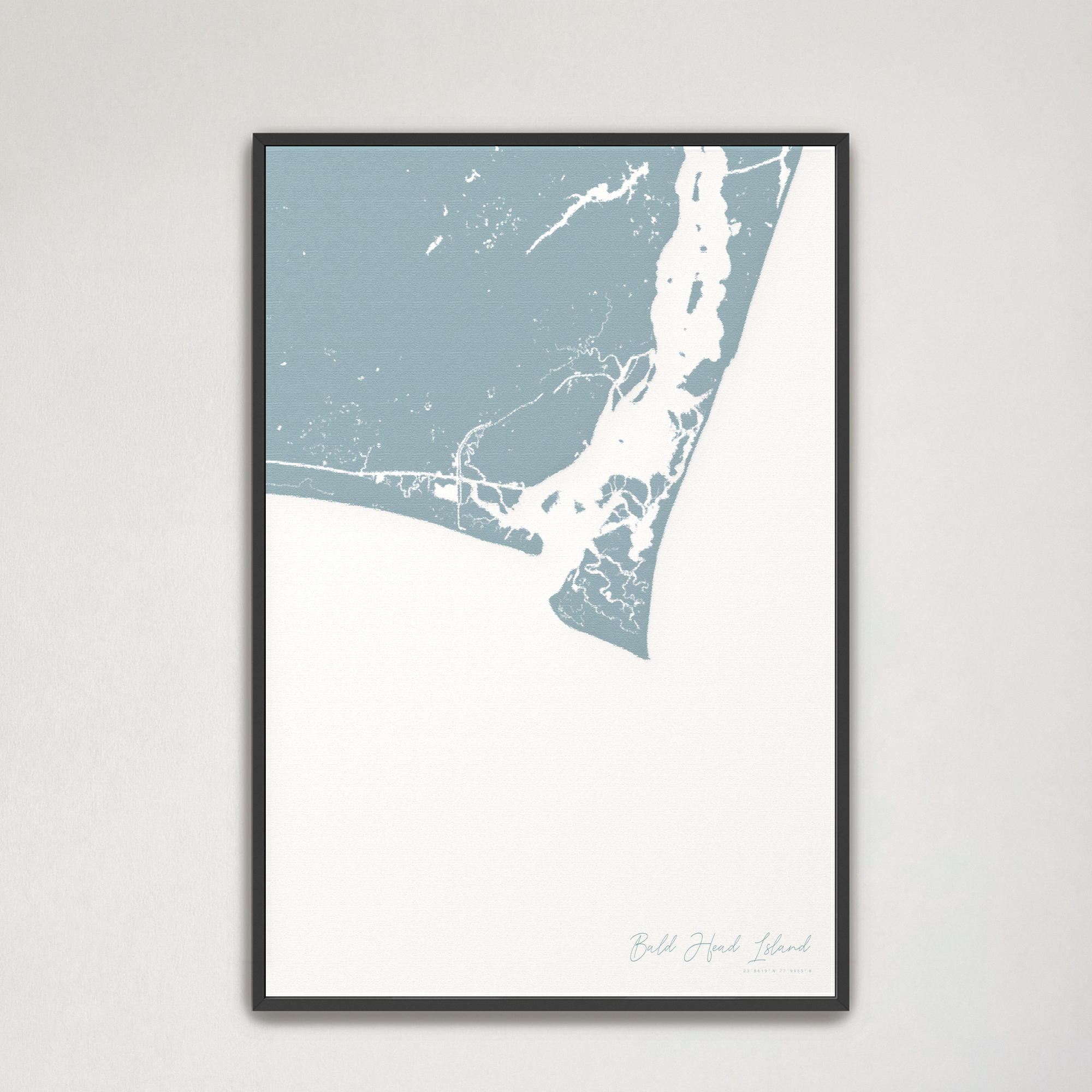 Bald Head Island Coastal Map — Canvas Vertical, soft-blue, Black Frame
